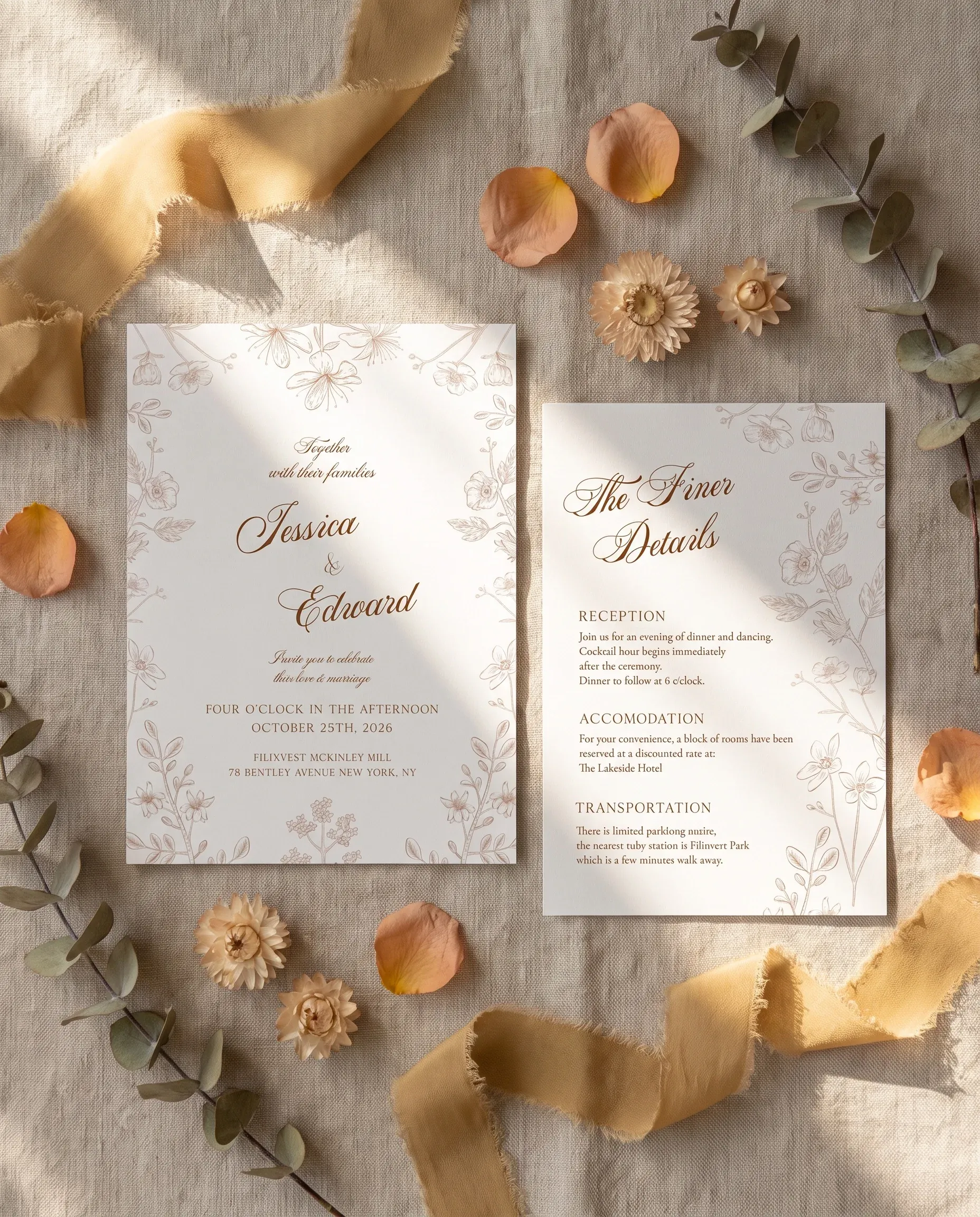 Petalcrest wedding invitation suite — invitation and details card arranged together in a flat lay under soft natural light, wedding details card.