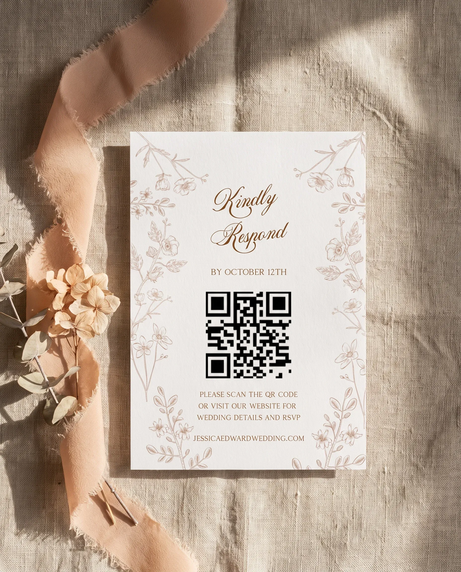 Petalcrest wedding invitation suite — RSVP card shown in a flat lay with soft overhead natural light, wedding RSVP cards.