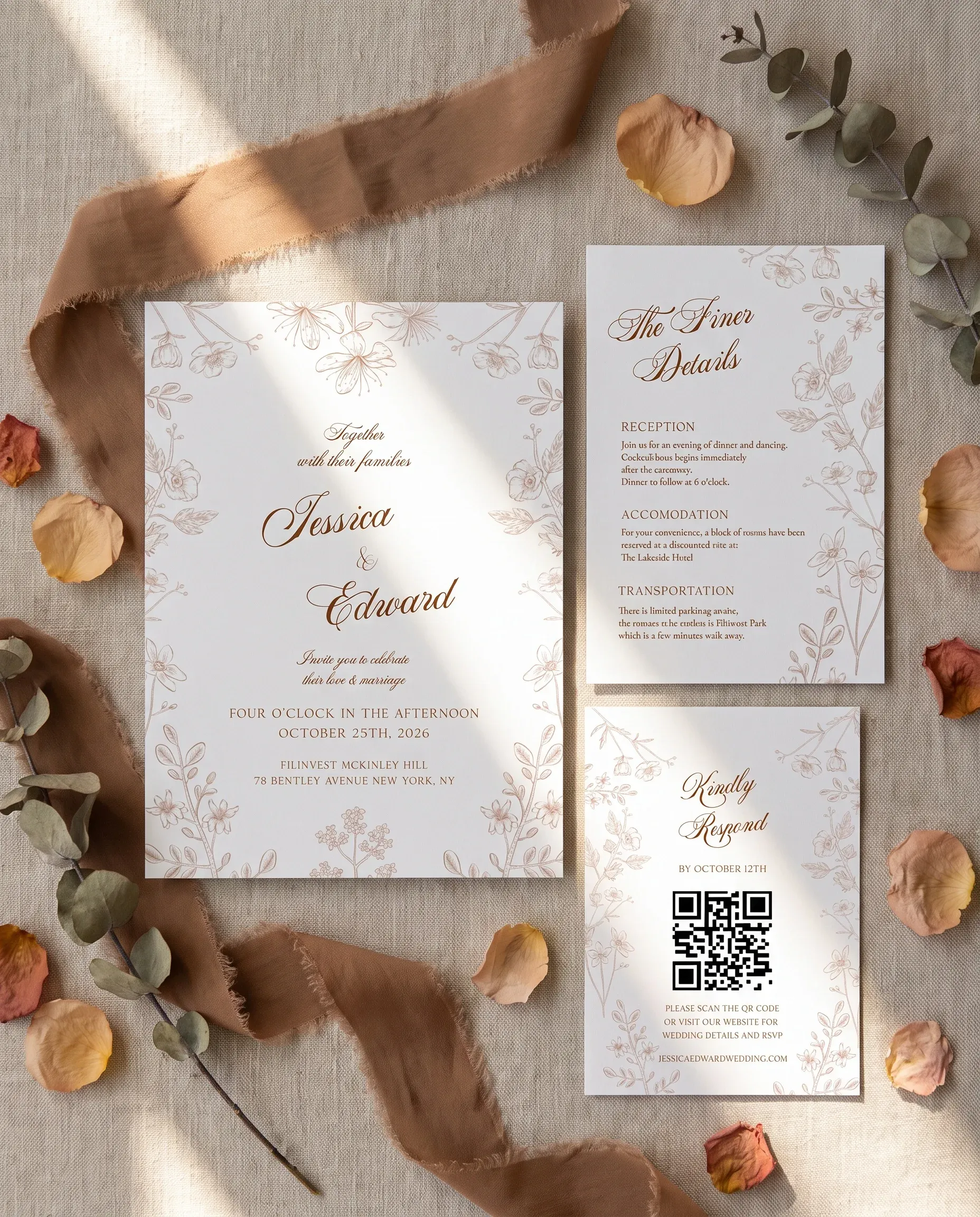 Petalcrest wedding invitation suite — invitation, details card and RSVP shown in a flat lay, wedding invitation templates