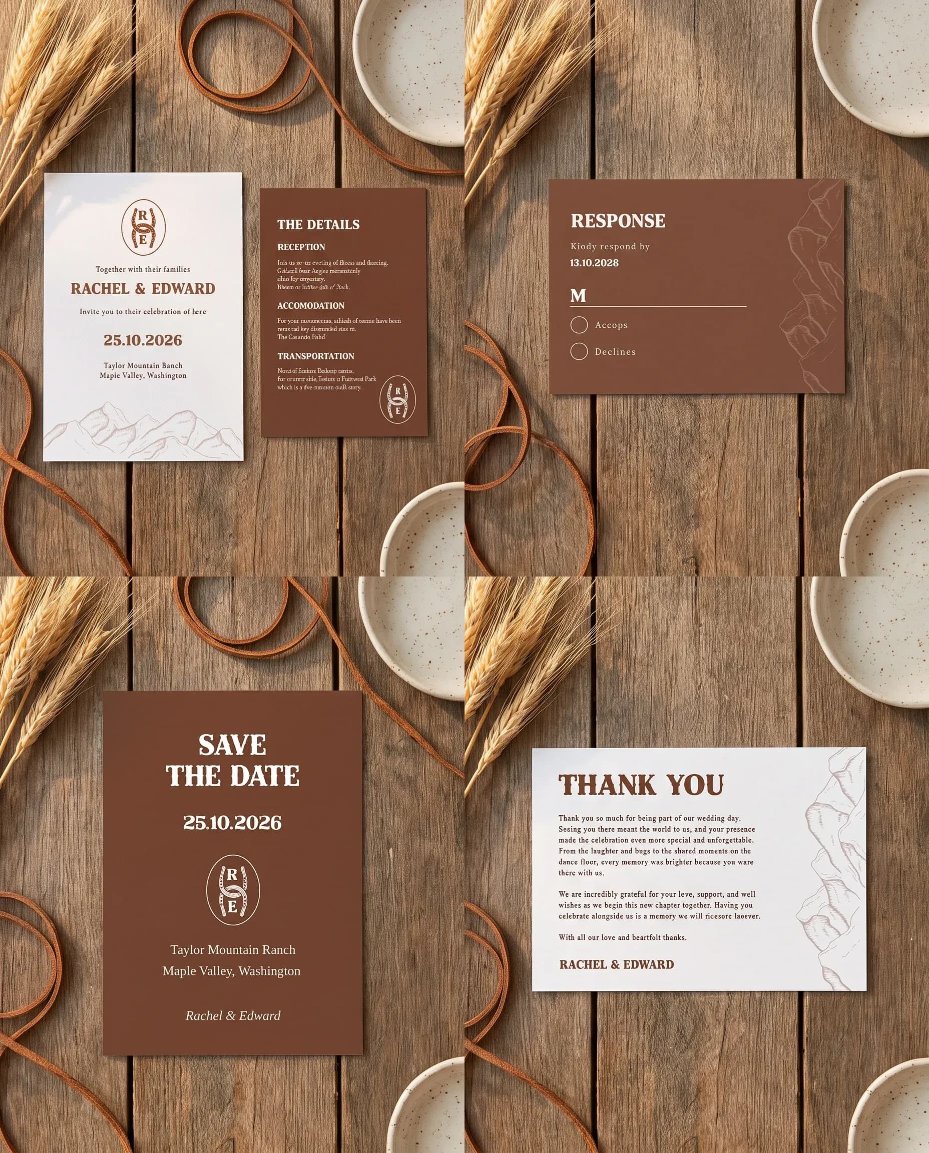 Saddle Crest wedding invitation set — Invitation, details card, RSVP, save the date and thank you card shown in a flat lay, wedding invitation suite