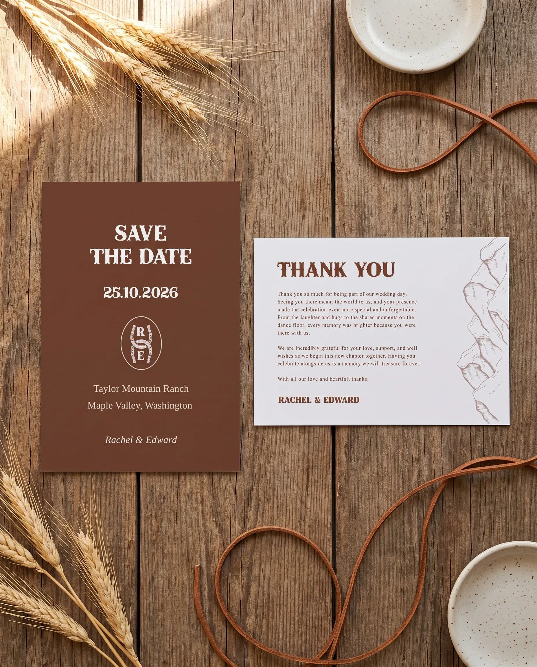 Saddle Crest wedding invitation set — Save the date and thank you card shown in a flat lay, wedding invitation templates