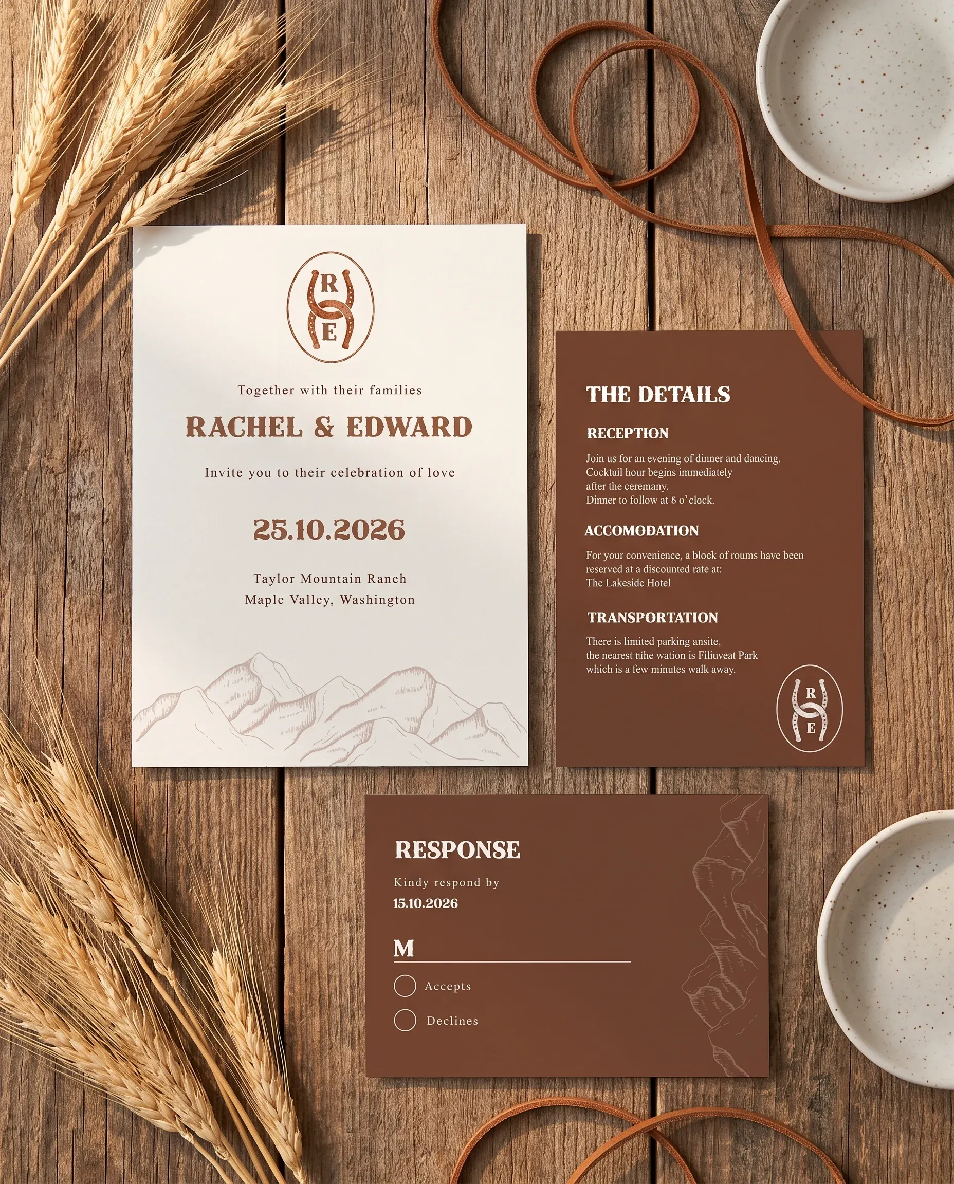 Saddle Crest wedding invitation set — Invitation, details card and RSVP card shown in a flat lay, printable wedding invitations
