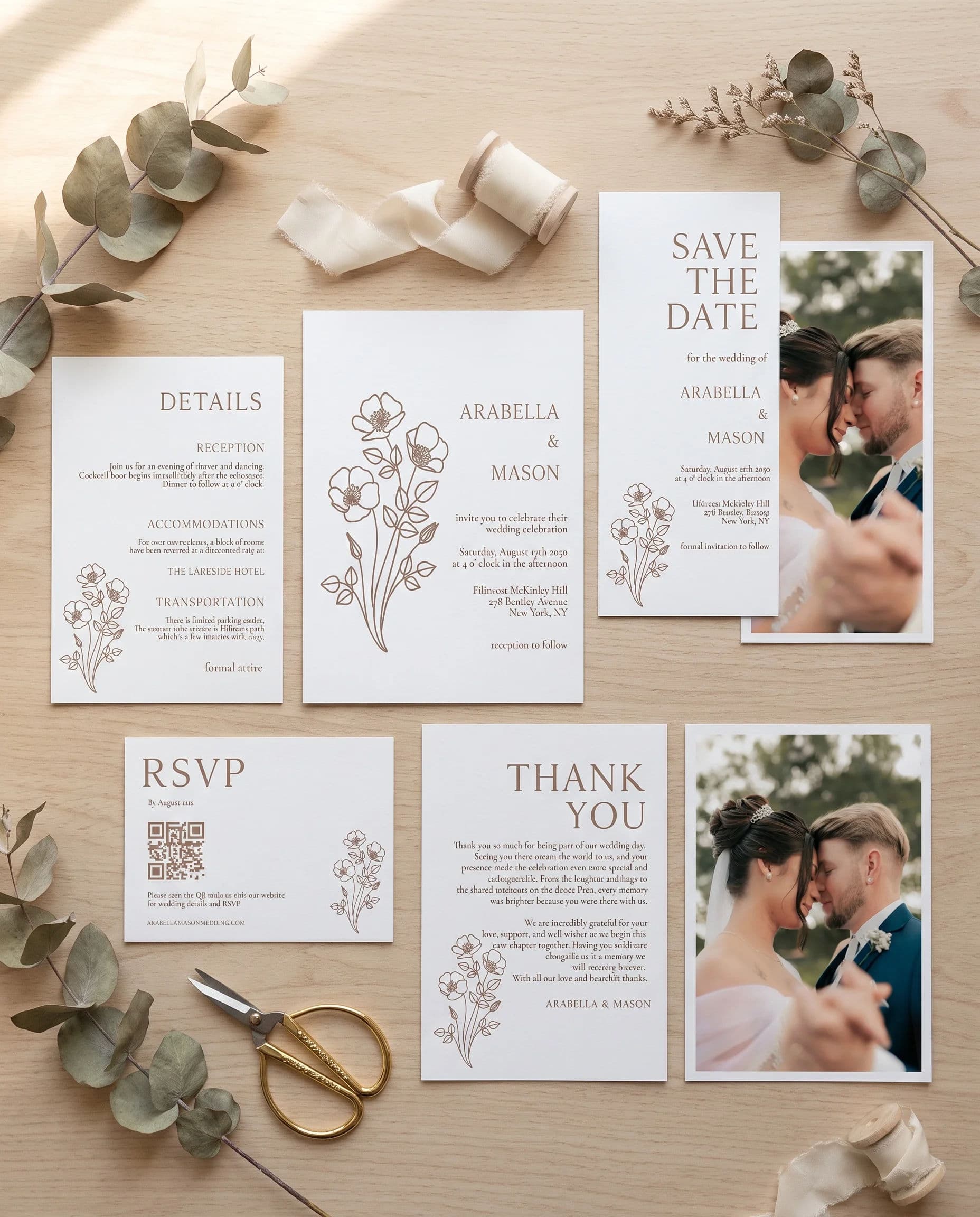 Anemora wedding invitation set — seven page layout, full bundle composition, printable wedding stationery template