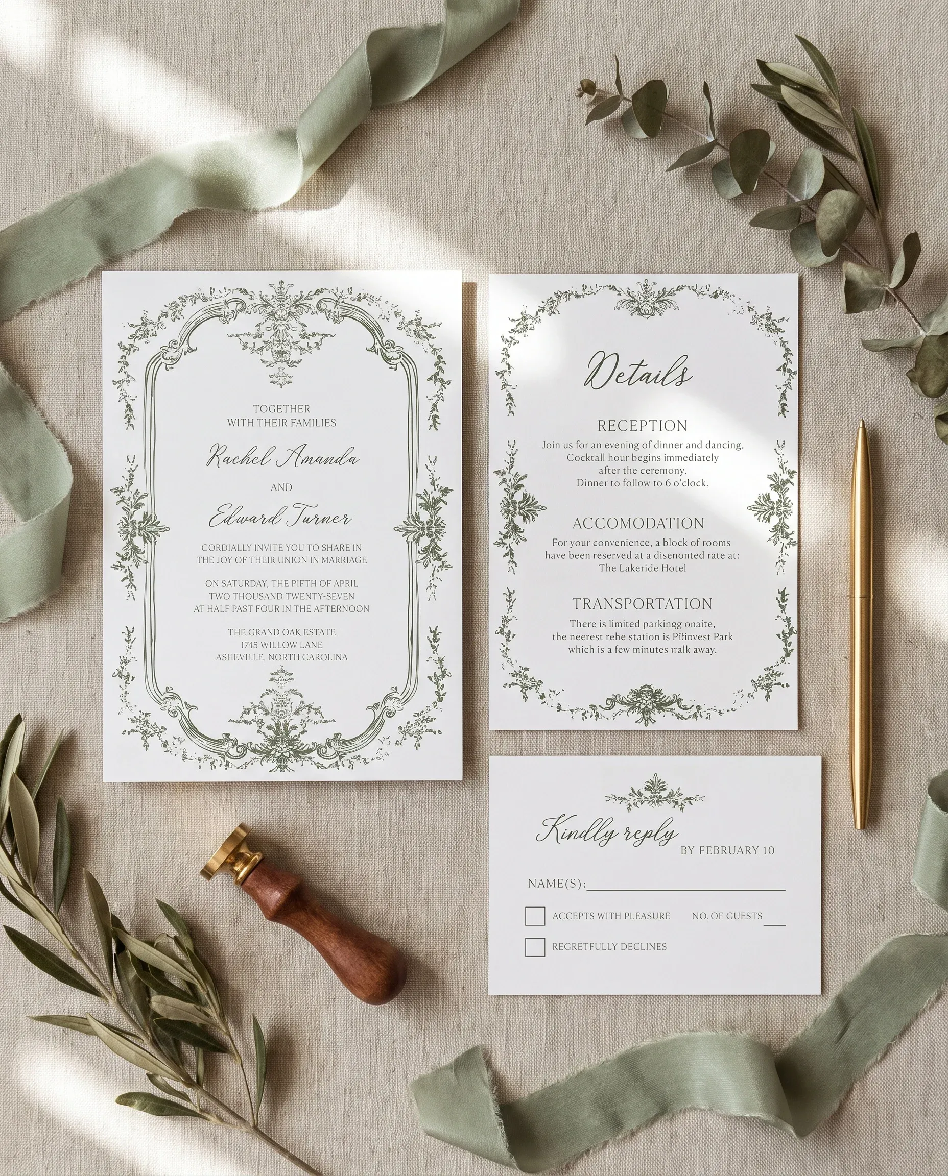 Sage Crest wedding invitation suite — invitation, details card and RSVP shown in a flat lay under soft natural light, wedding invitation templates.