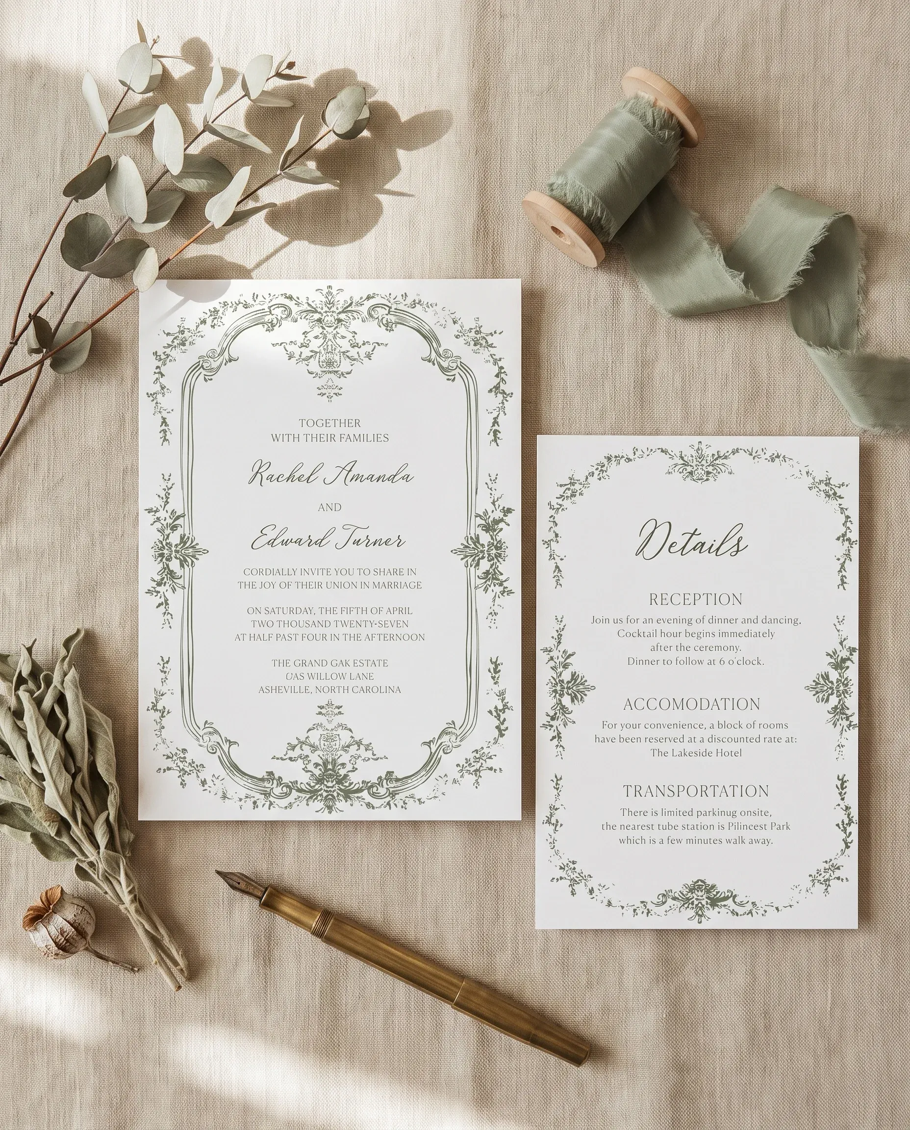 Sage Crest wedding invitation suite — invitation and details card arranged in a flat lay under soft natural light, wedding details card.