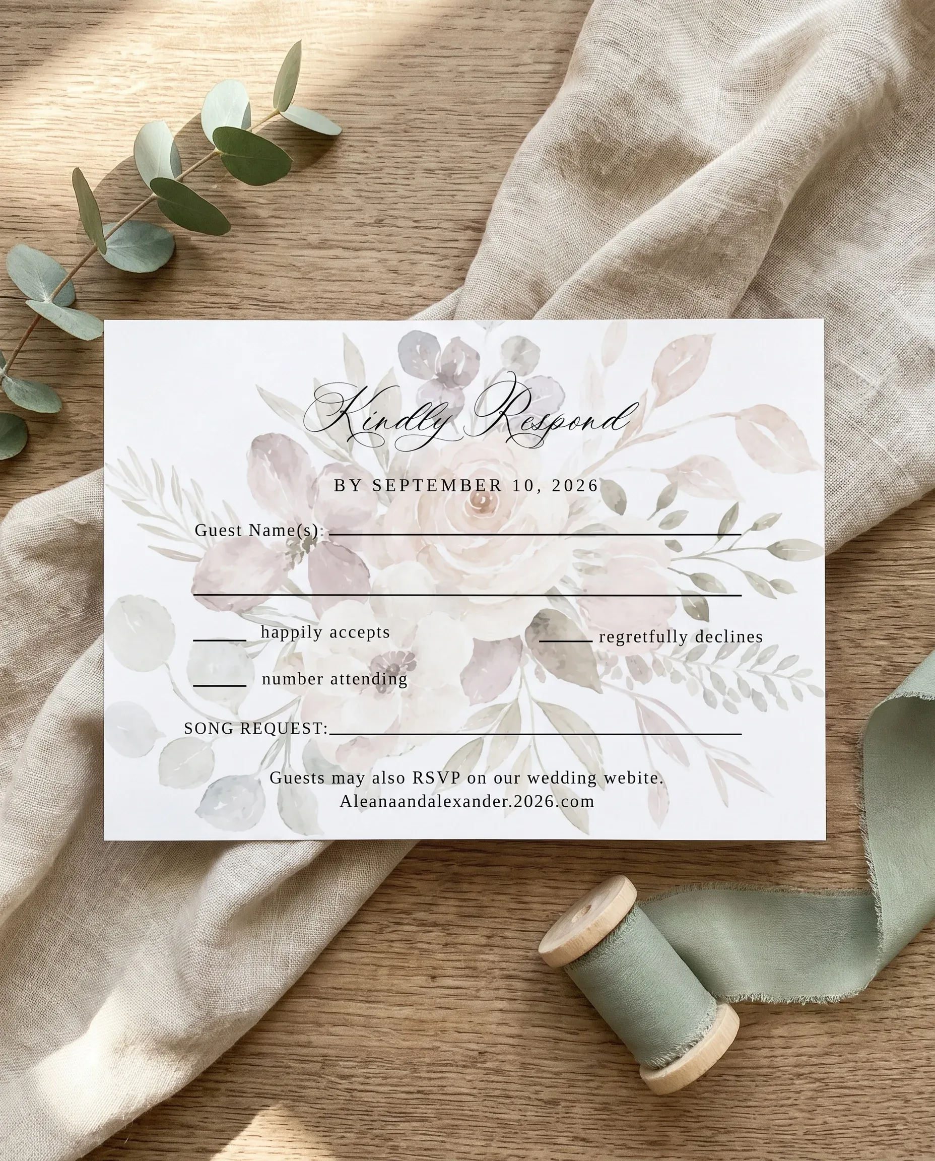 Meadow Veil wedding invitation suite — RSVP card shown in a flat lay, wedding RSVP cards