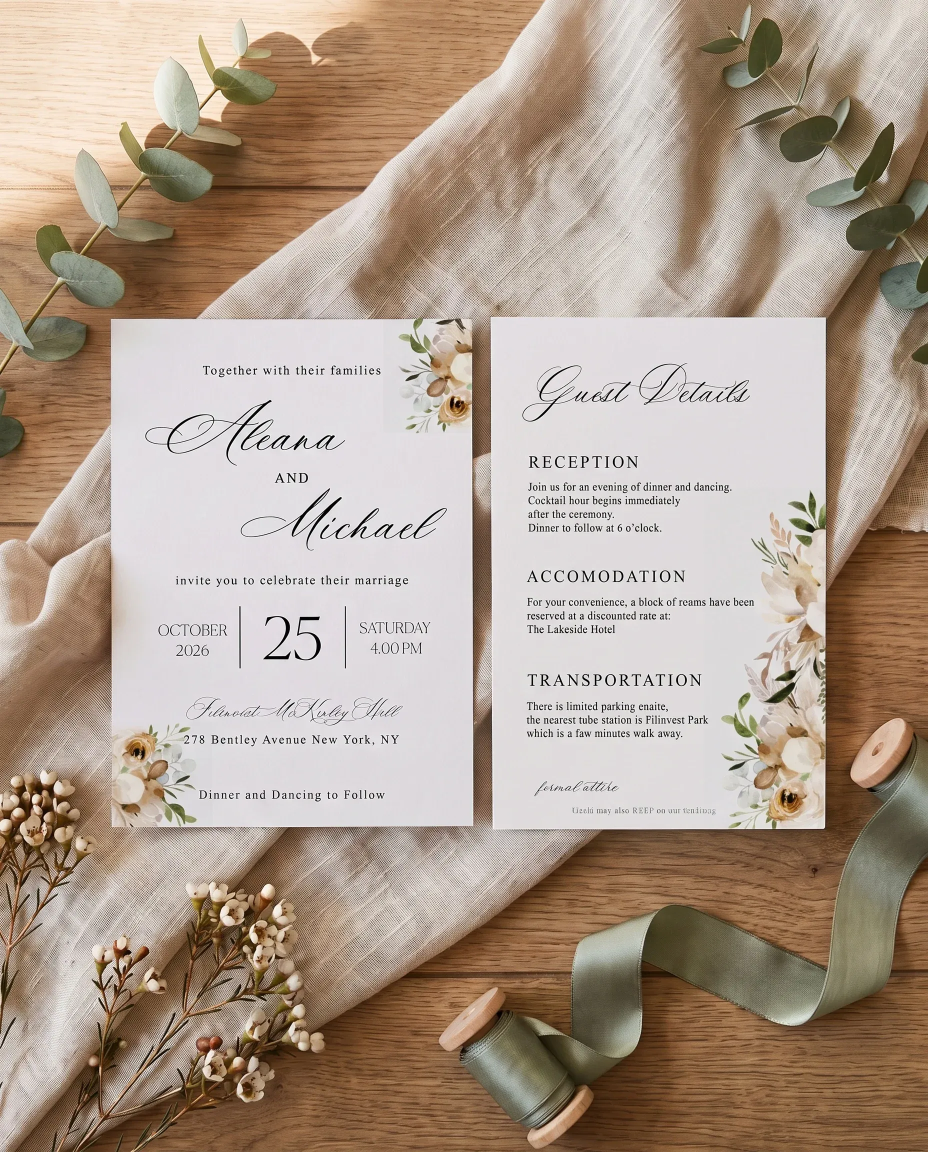 Meadow Veil wedding invitation suite — invitation and details card shown in a flat lay under soft natural light, wedding details card.