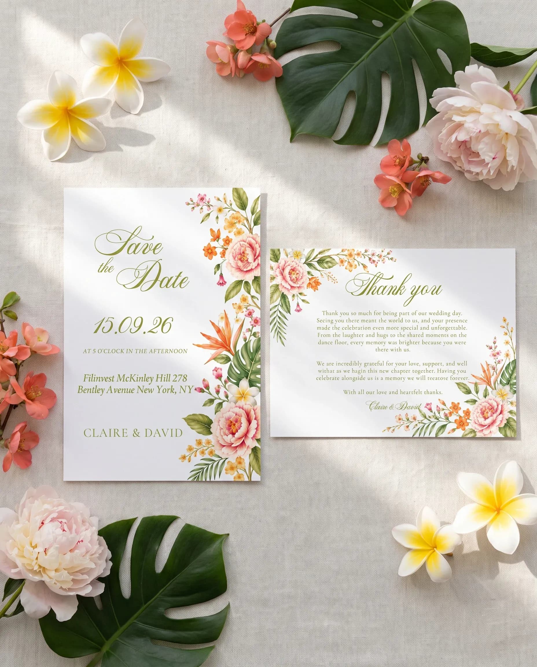 Plumeria Peony wedding invitation set — Save the date and thank you card shown in a flat lay, wedding invitation templates