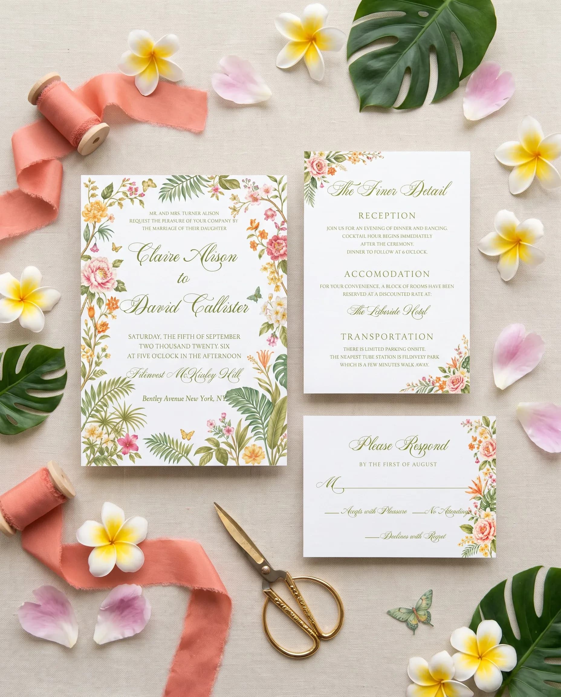 Plumeria Peony wedding invitation set — Invitation, details card and RSVP card shown in a flat lay, printable wedding invitations