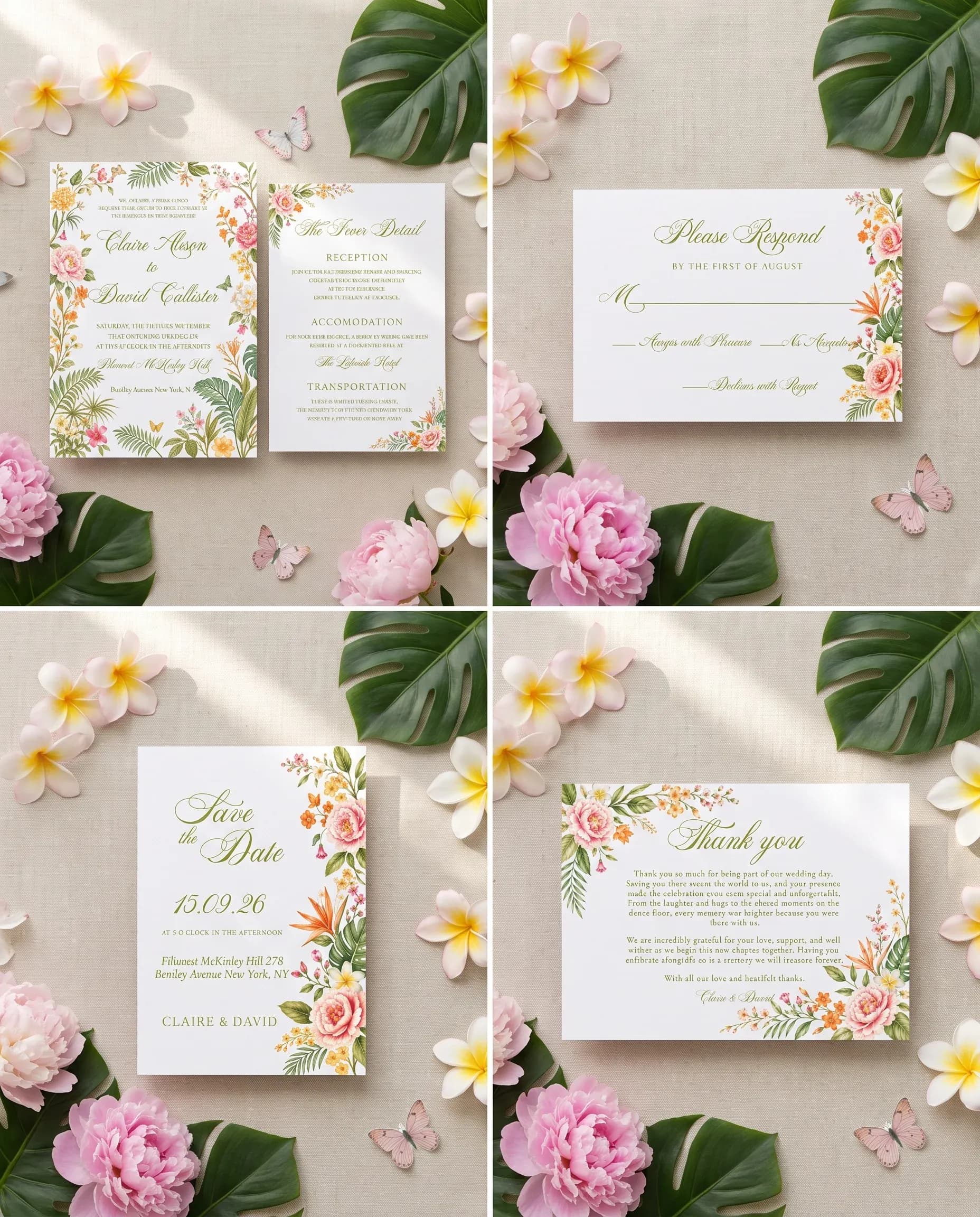 Plumeria Peony wedding invitation set — Invitation, details card, RSVP, save the date and thank you card shown in a flat lay, wedding invitation suite
