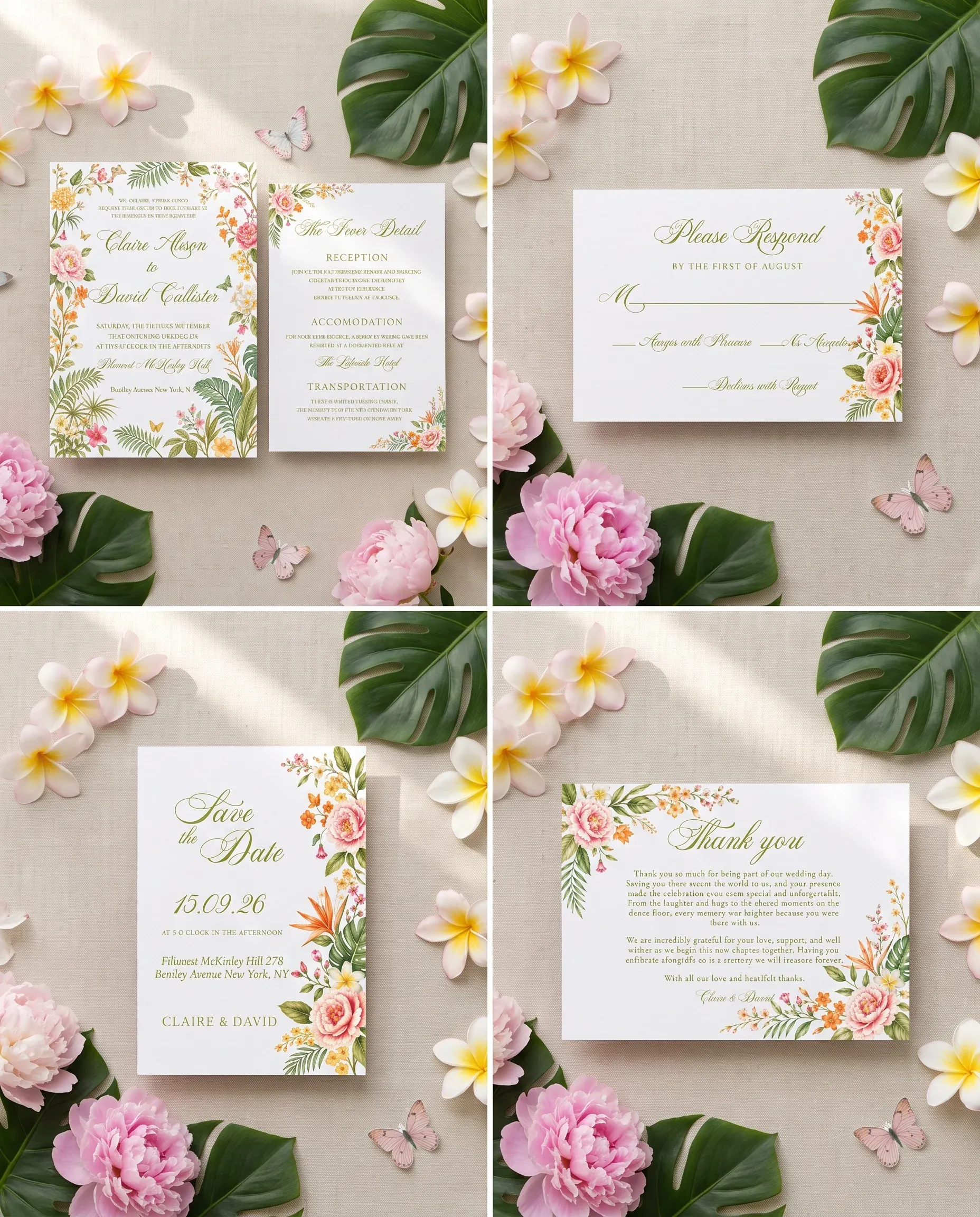 Plumeria Peony wedding invitation set — Invitation, details card, RSVP, save the date and thank you card shown in a flat lay, wedding invitation suite