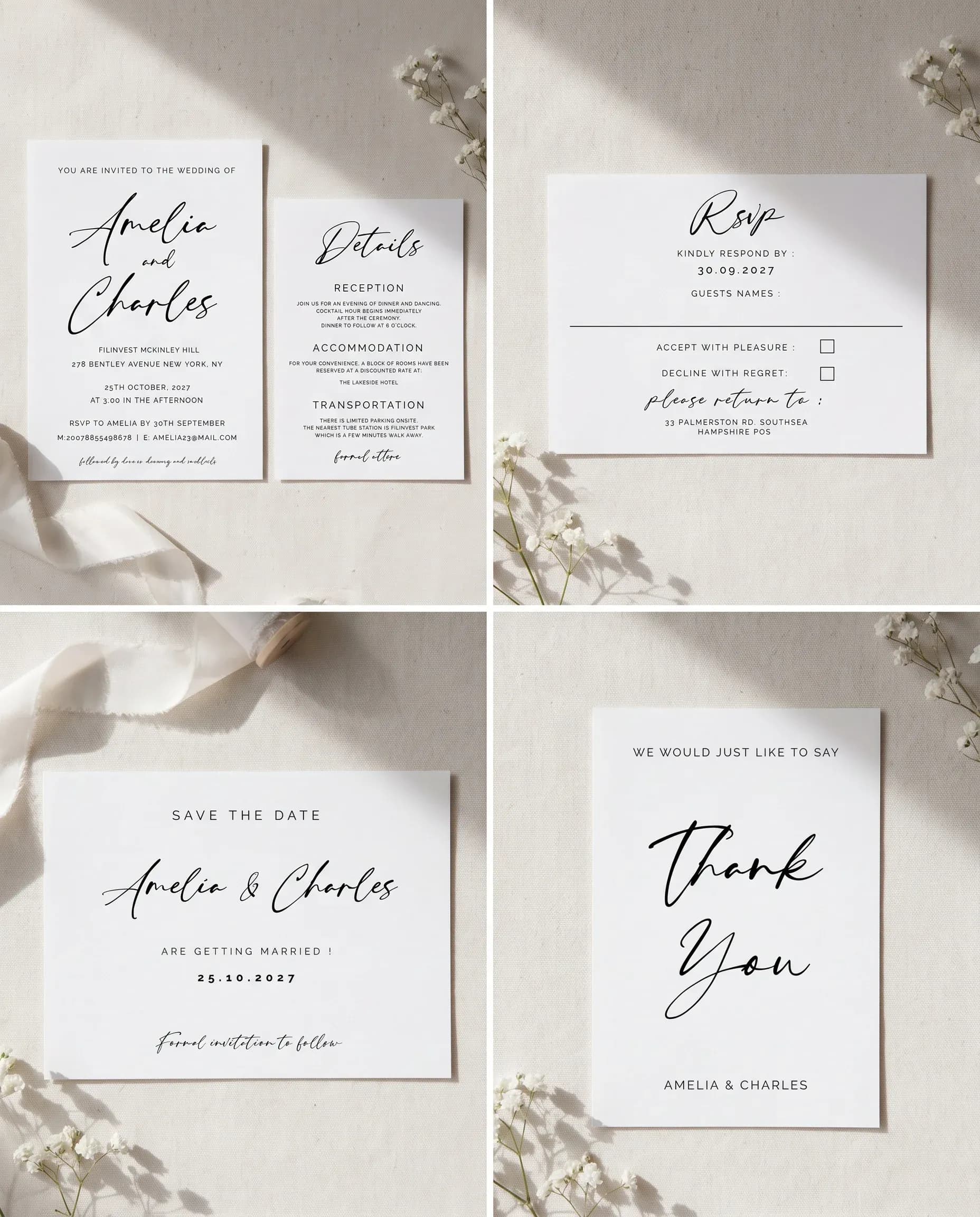 Cathedral wedding invitation set — five page layout including Wedding Invitation, Details, RSVP, Save the Date, Thank You, printable wedding templates