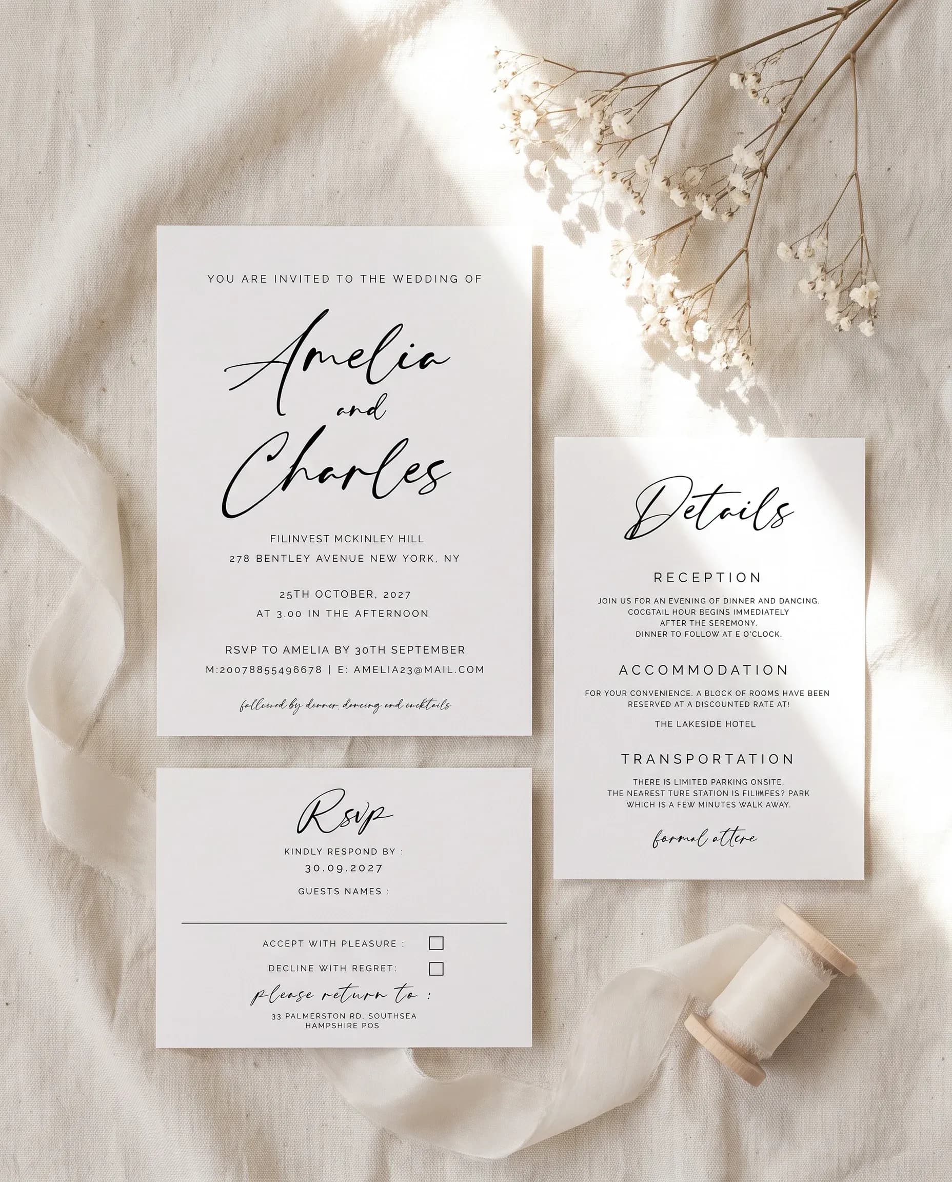 Cathedral wedding invitation set — Invite, details, RSVP Printable wedding stationery template