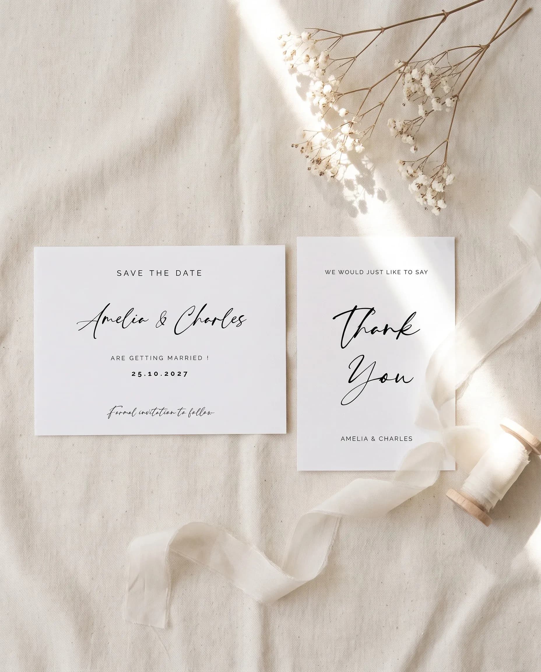 Cathedral wedding invitation set — Save the Date, Thank You Card flat lay view, printable wedding stationery template
