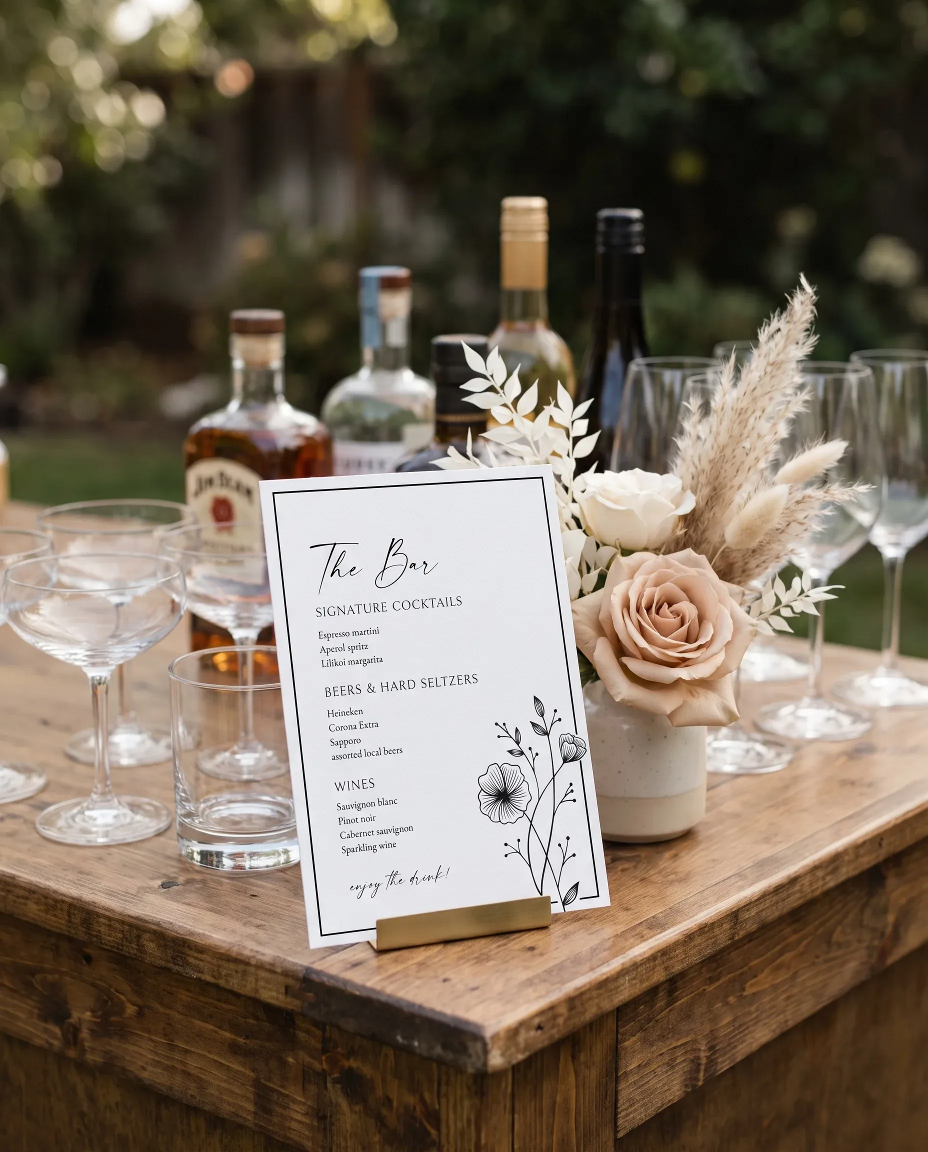 Hush Bloom — bar menu page displayed on a drinks station under soft natural light with a slight overhead angle, bar menu template.