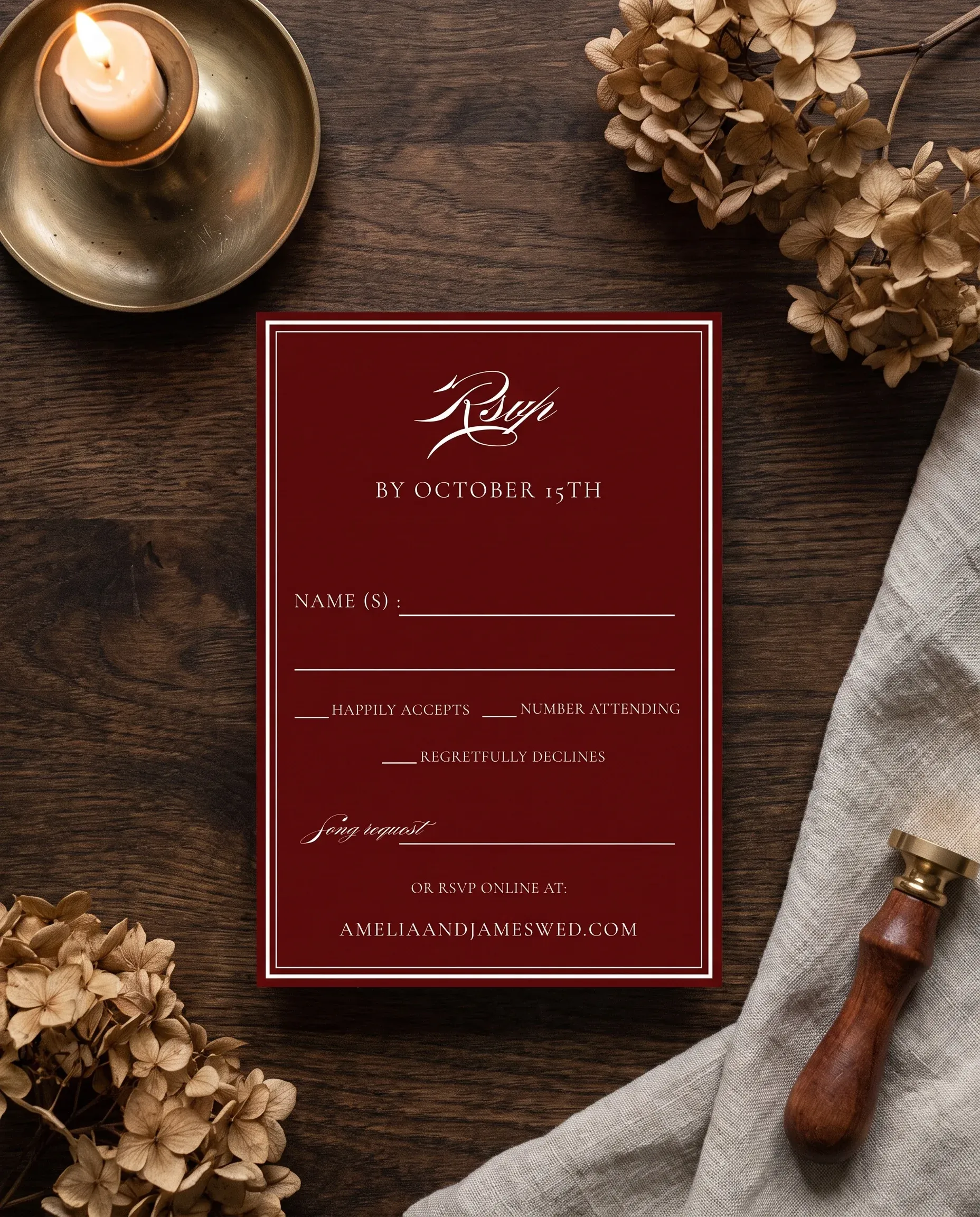 Claret Filigree wedding invitation suite — RSVP card shown in a flat lay, wedding RSVP cards.