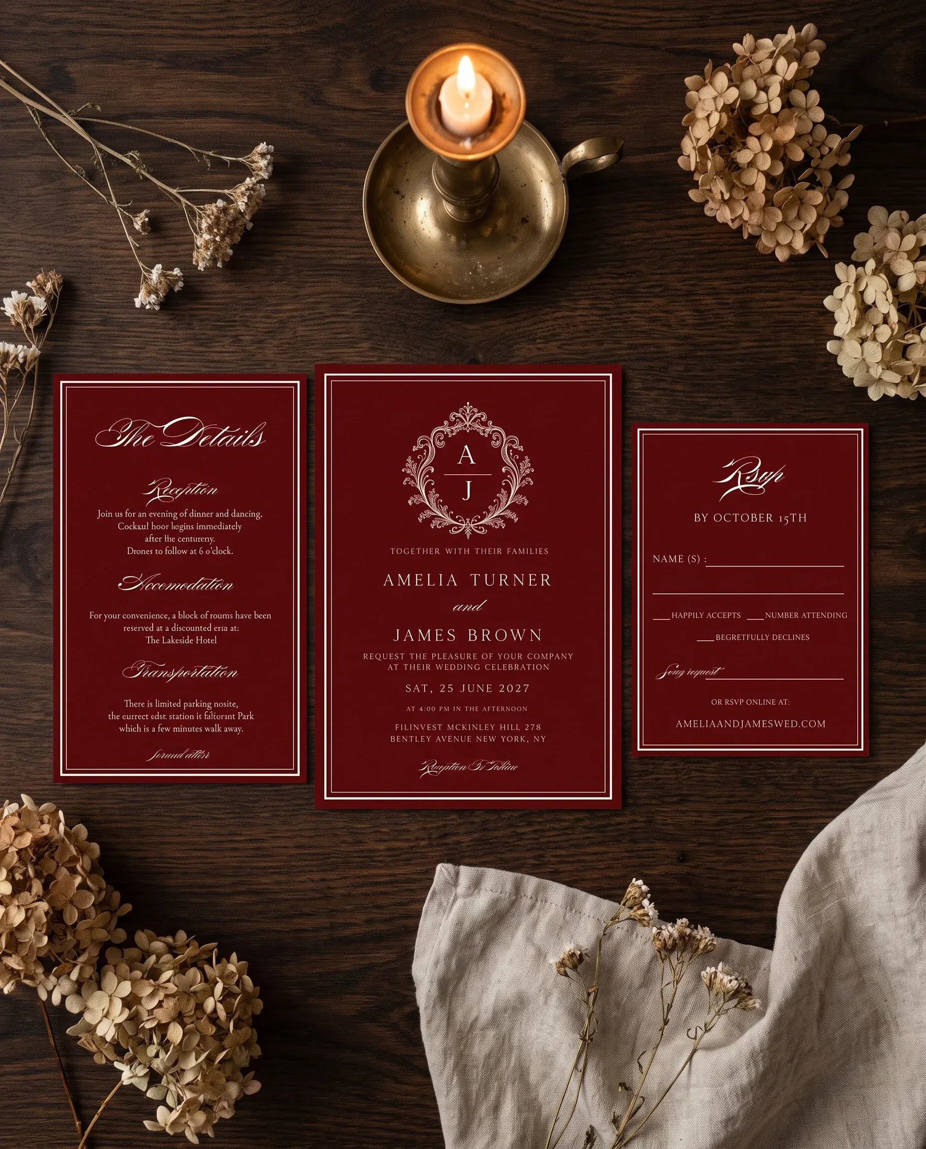 Claret Filigree wedding invitation suite — invitation, details card and RSVP shown in a flat lay, wedding invitation templates.