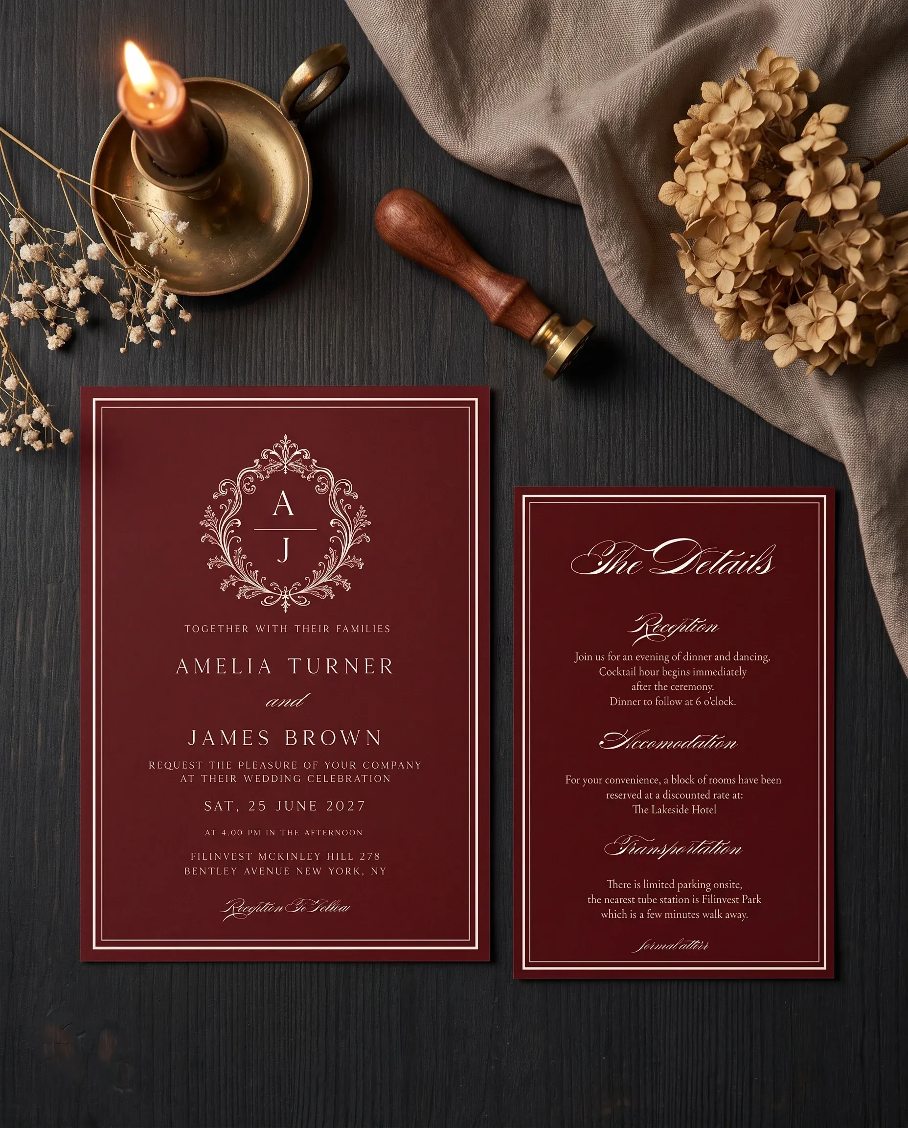 Claret Filigree wedding invitation suite — invitation and details card shown in a flat lay, wedding details card.