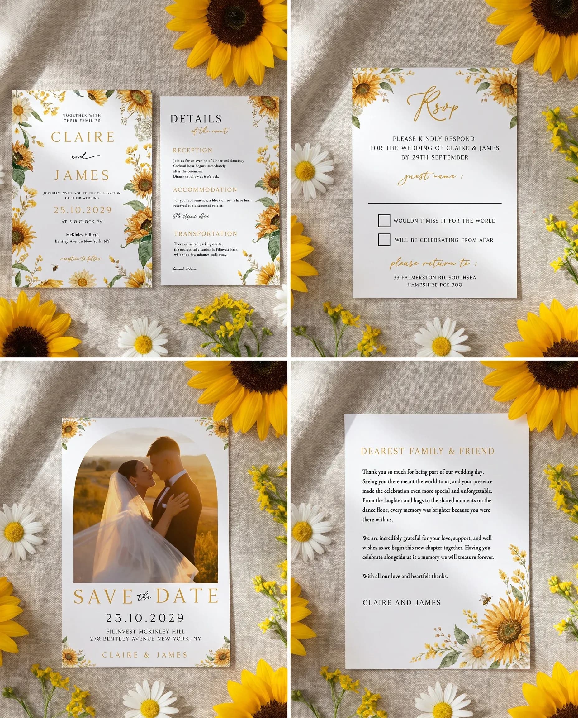 Honeyfield wedding invitation set — Invitation, details card, RSVP, save the date and thank you card shown in a flat lay, wedding invitation suite