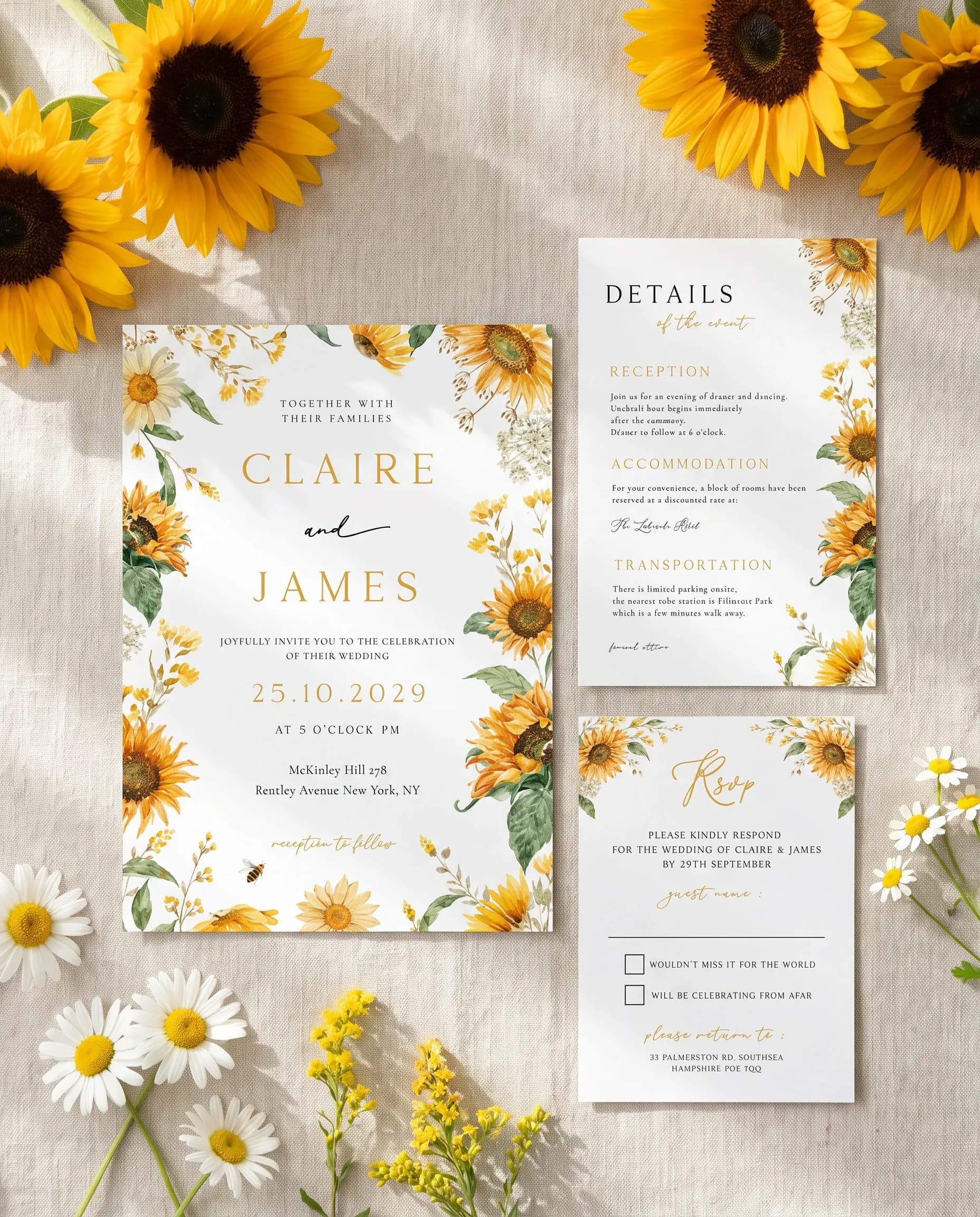 Honeyfield wedding invitation set — Invitation, details card and RSVP card shown in a flat lay, printable wedding invitations