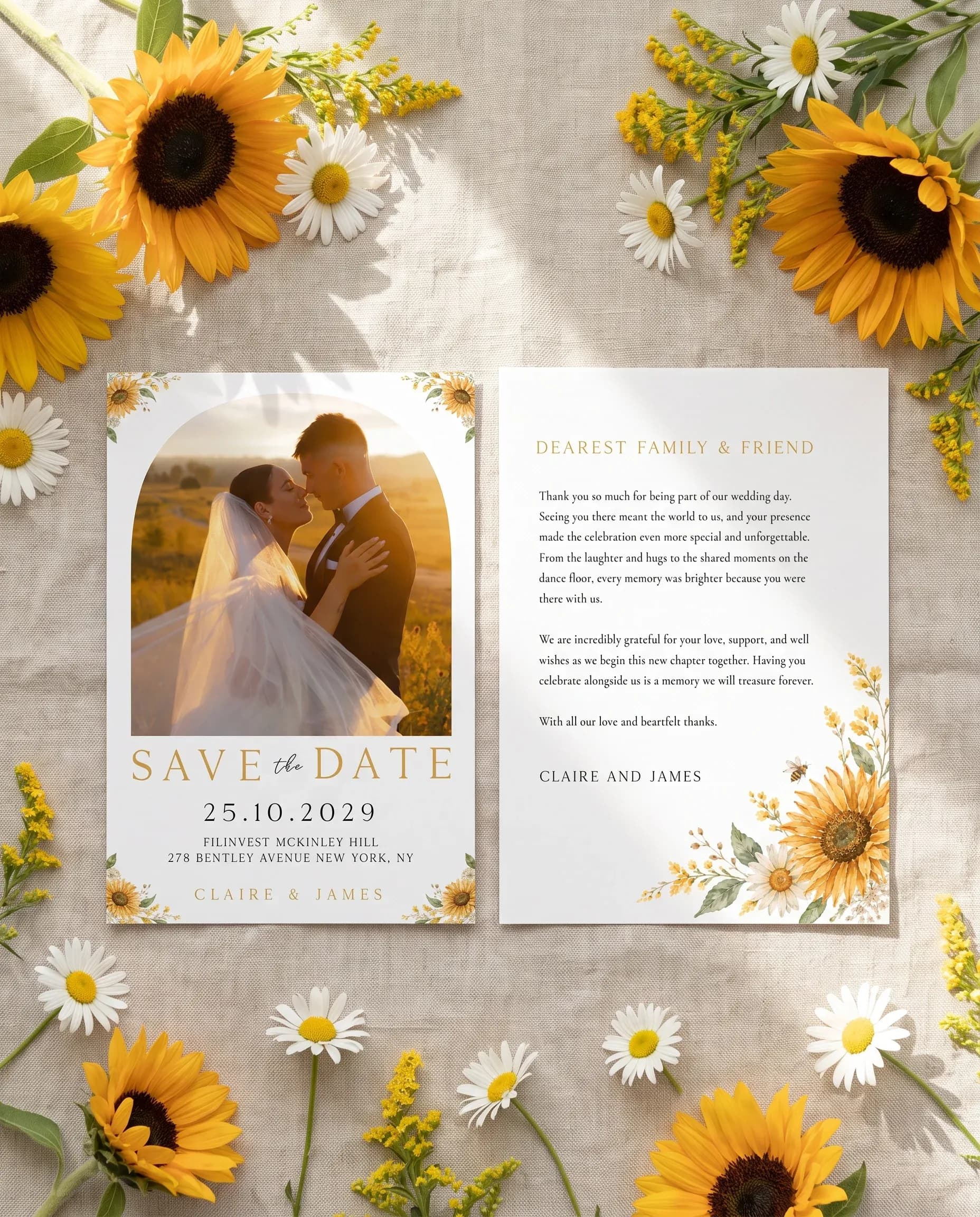 Honeyfield wedding invitation set — Save the date and thank you card shown in a flat lay, wedding invitation templates