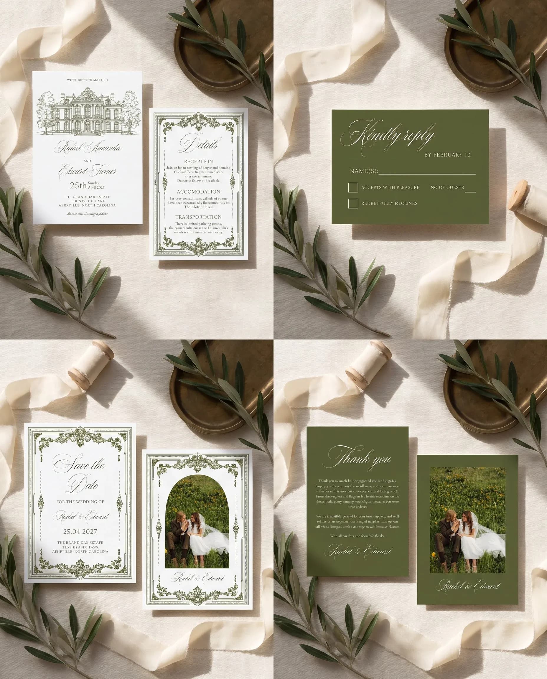 Verdant Filigree wedding invitation set — invitation, details card, RSVP, save the date, thank you card in a flat lay, wedding invitation suite.