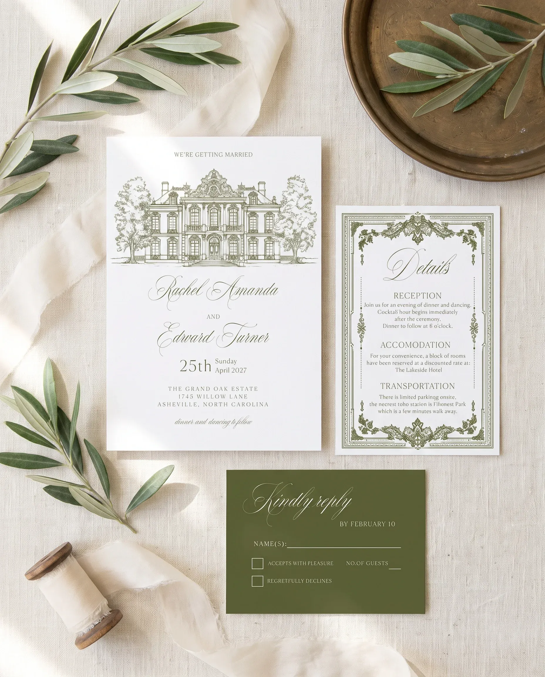 Verdant Filigree wedding invitation set — invitation, details card and RSVP shown in a flat lay, printable wedding invitations.
