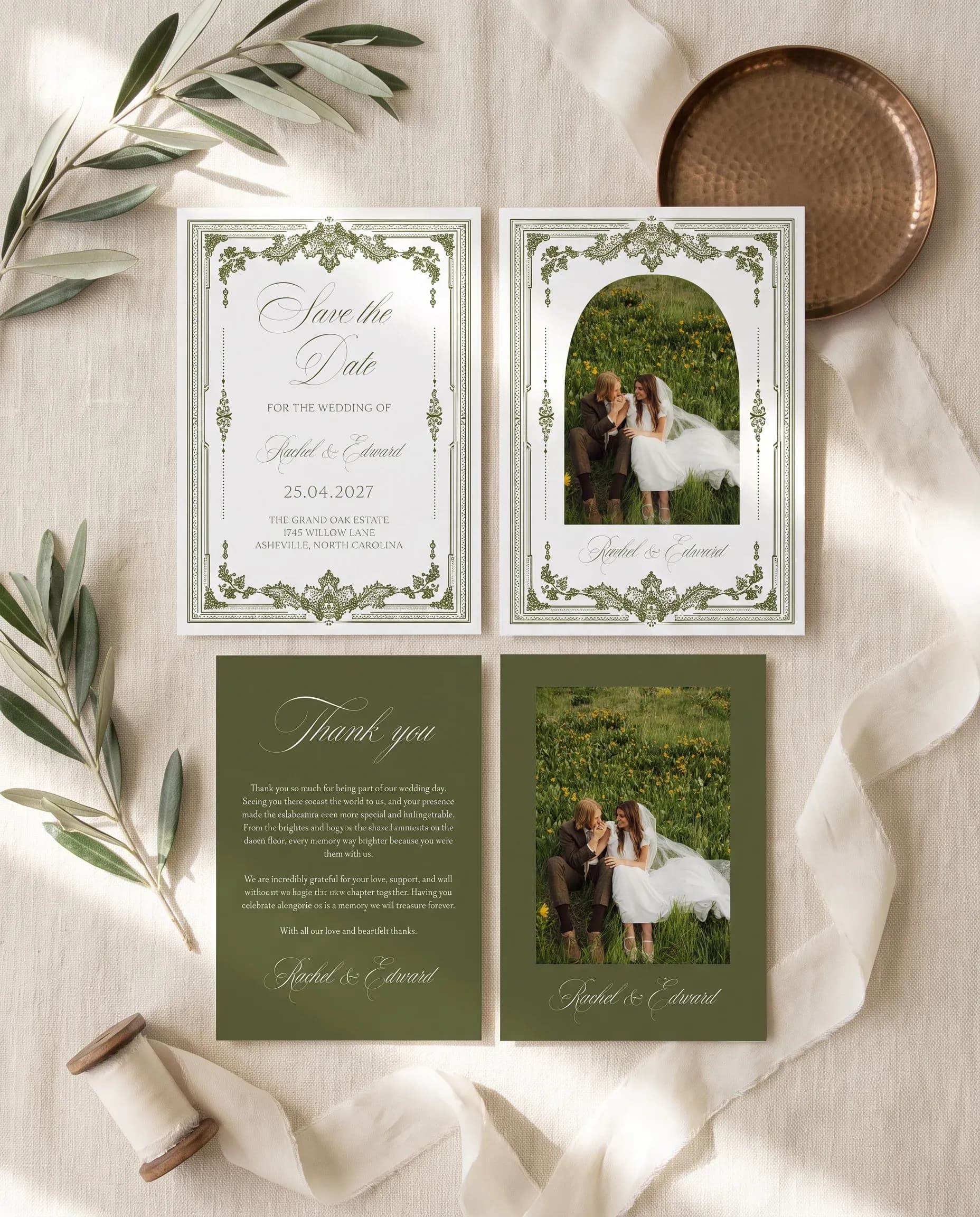 Verdant Filigree wedding invitation set — save the date and thank you card arranged in a flat lay, wedding invitation templates.