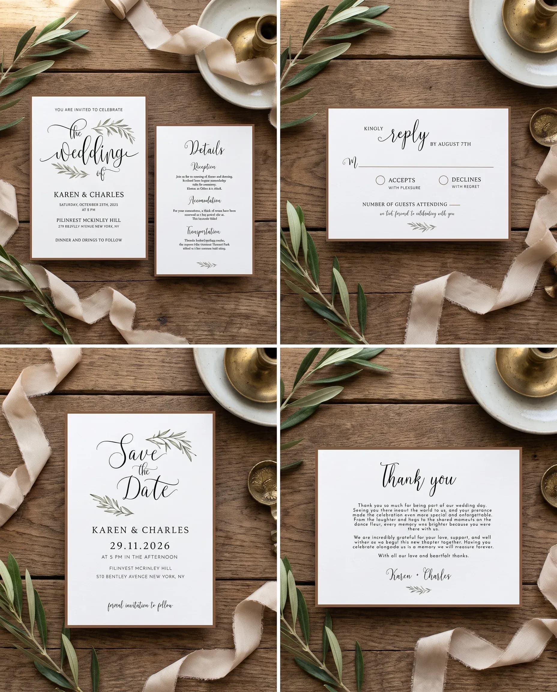 Olive Arc wedding invitation set — Invitation, details card, RSVP, save the date and thank you card shown in a flat lay, wedding invitation suite