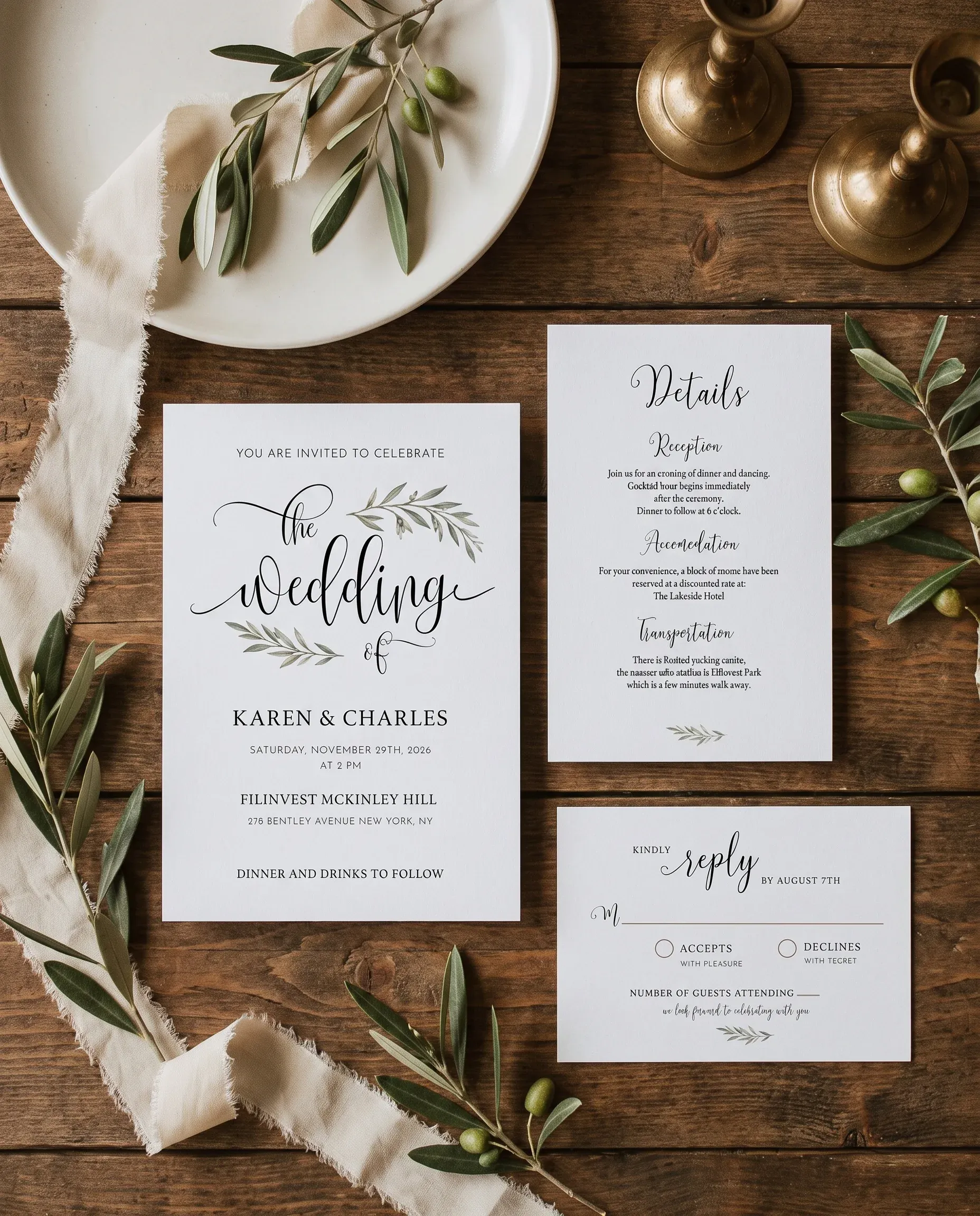 Olive Arc wedding invitation set — Invitation, details card and RSVP card shown in a flat lay, printable wedding invitations