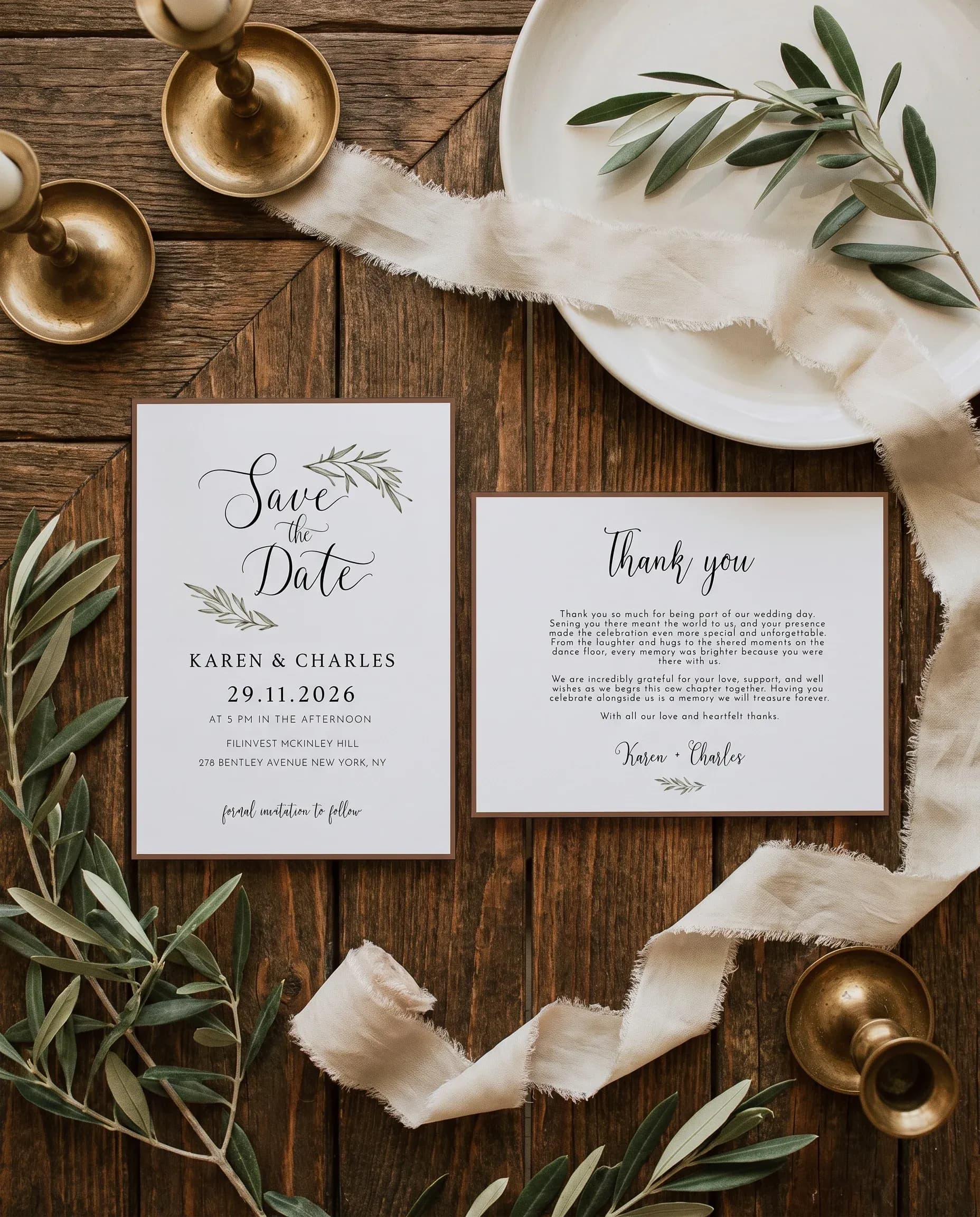 Olive Arc wedding invitation set — Save the date and thank you card shown in a flat lay, wedding invitation templates