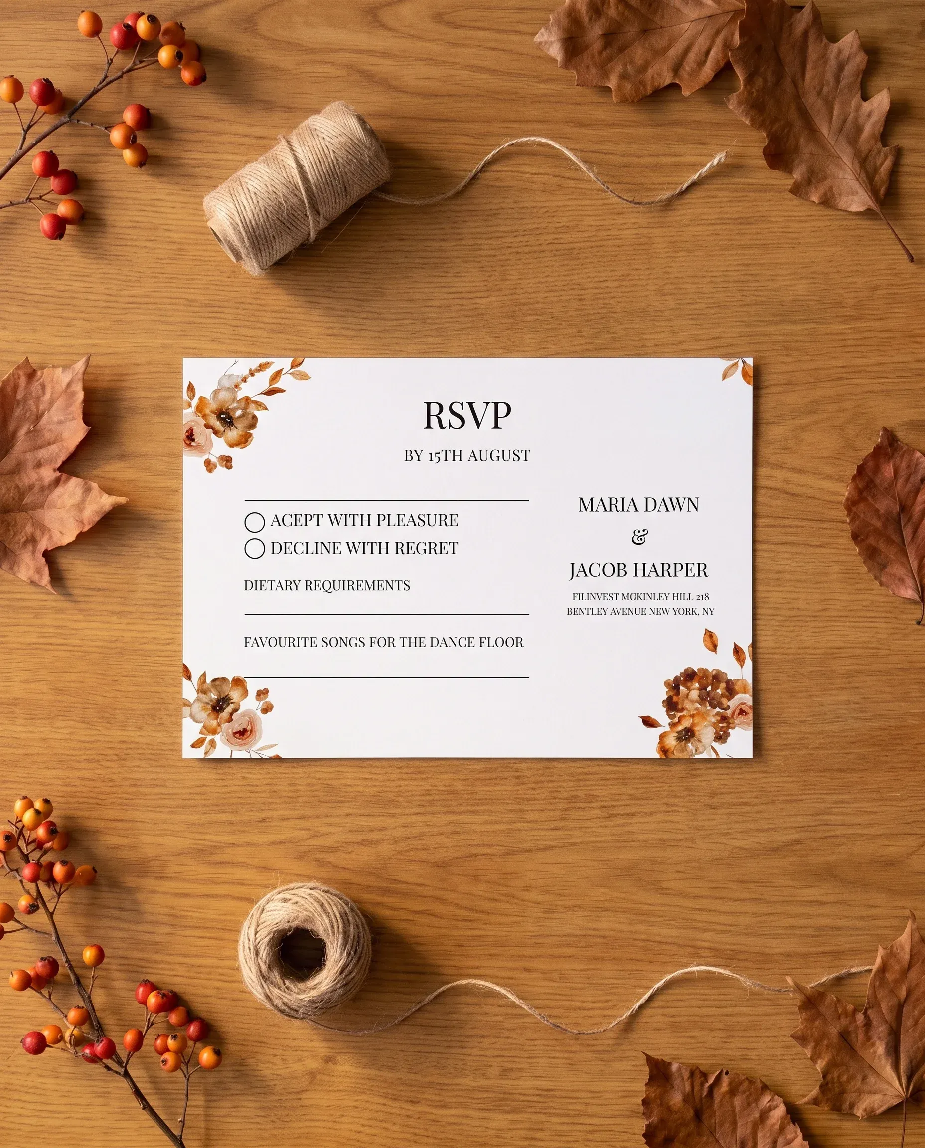 Autumn Bramble wedding invitation suite — RSVP card shown in a flat lay under soft overhead light, wedding RSVP cards.