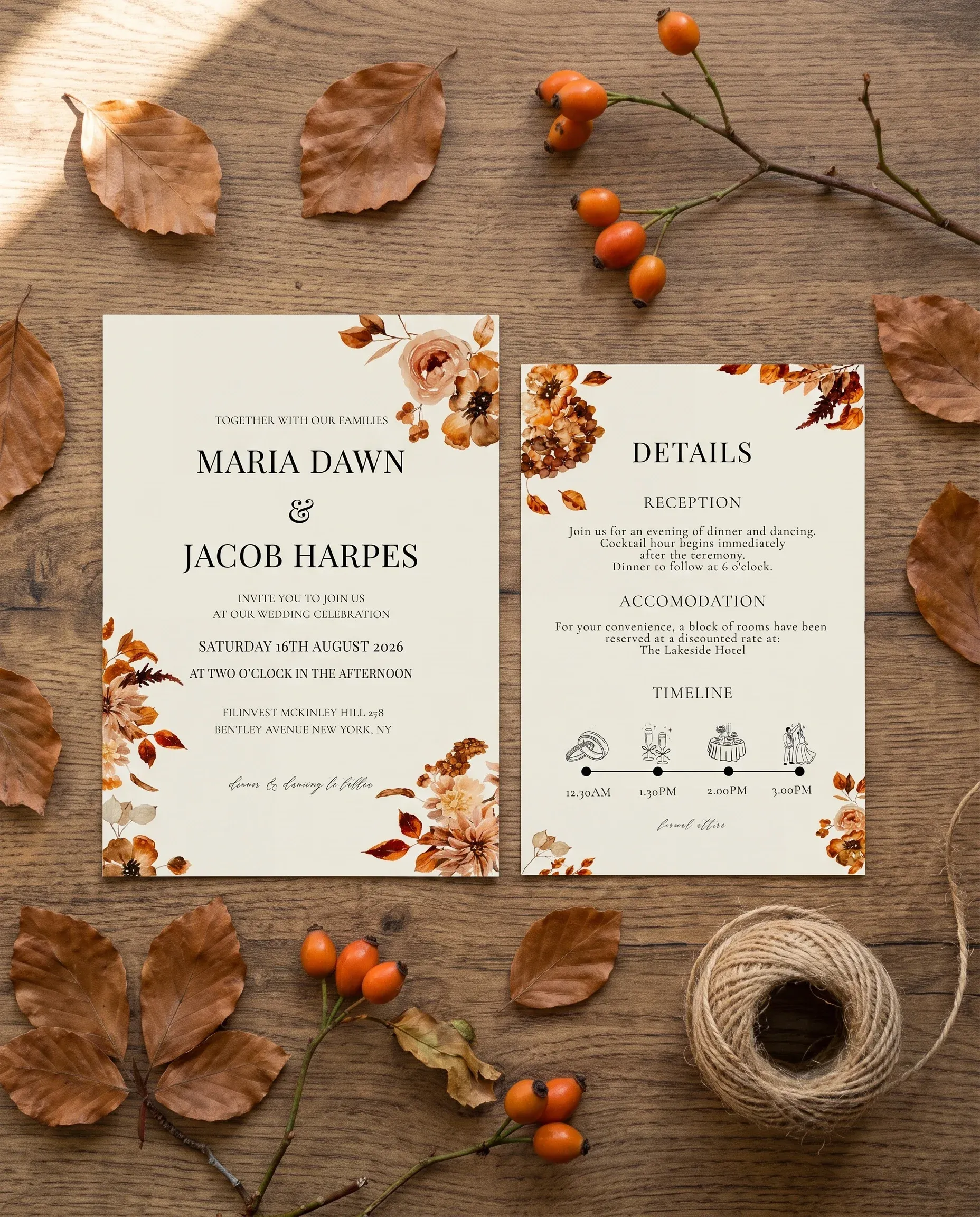 Autumn Bramble wedding invitation suite — invitation and details card shown in a flat lay, wedding details card
