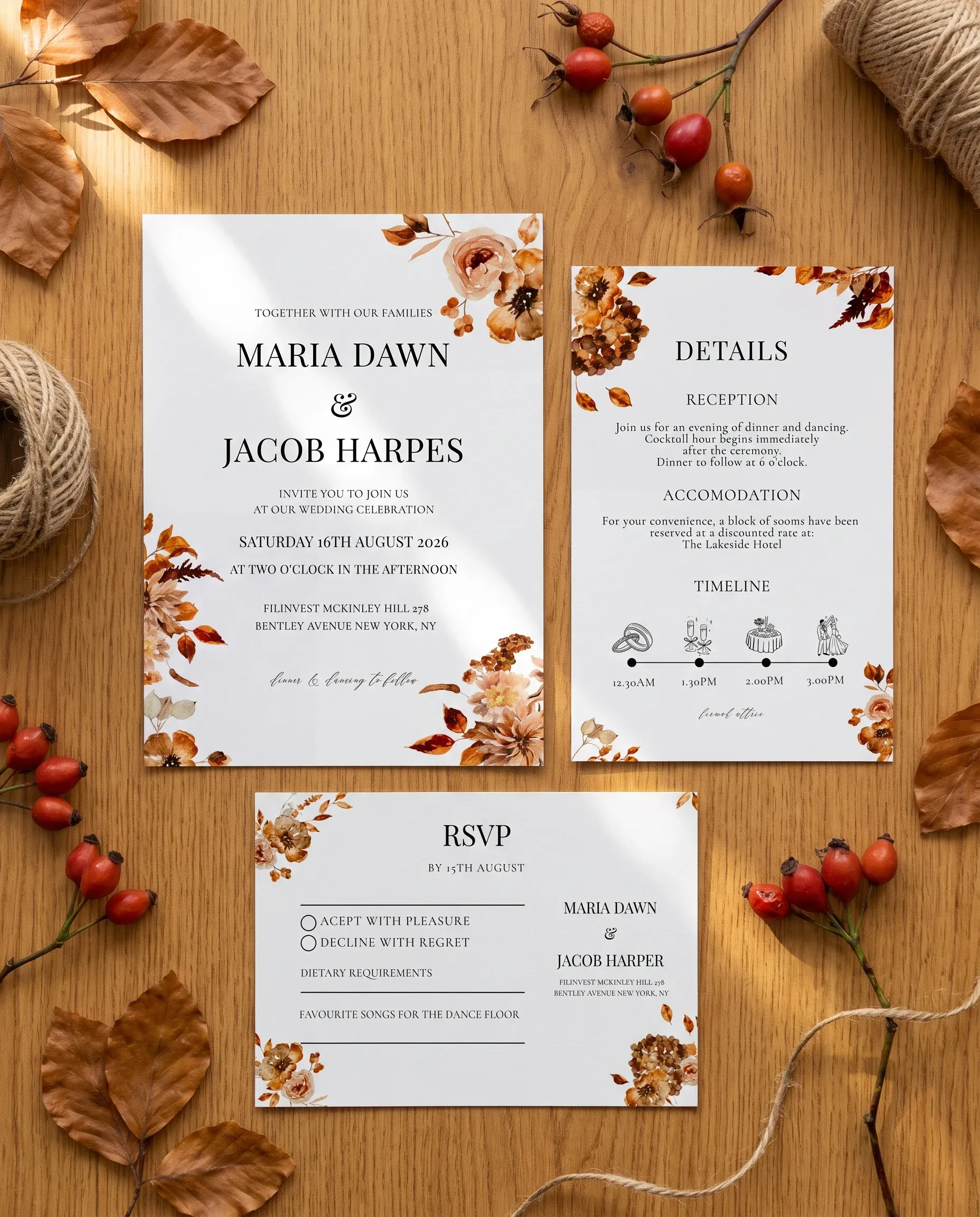 Autumn Bramble wedding invitation suite — invitation, details card and RSVP shown in a flat lay, wedding invitation templates.
