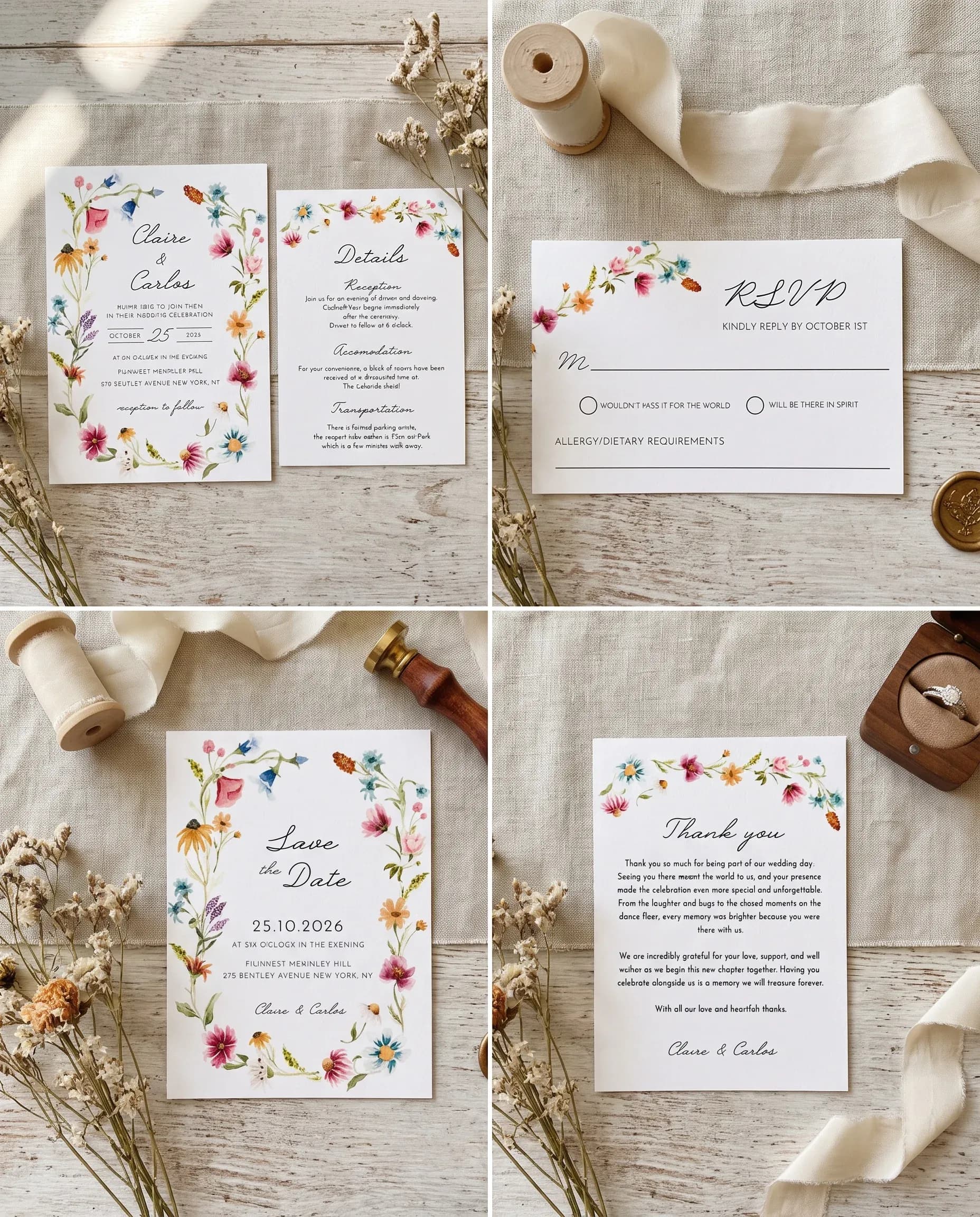 Meadow Ring wedding invitation set — Invitation, details card, RSVP, save the date and thank you card shown in a flat lay, wedding invitation suite