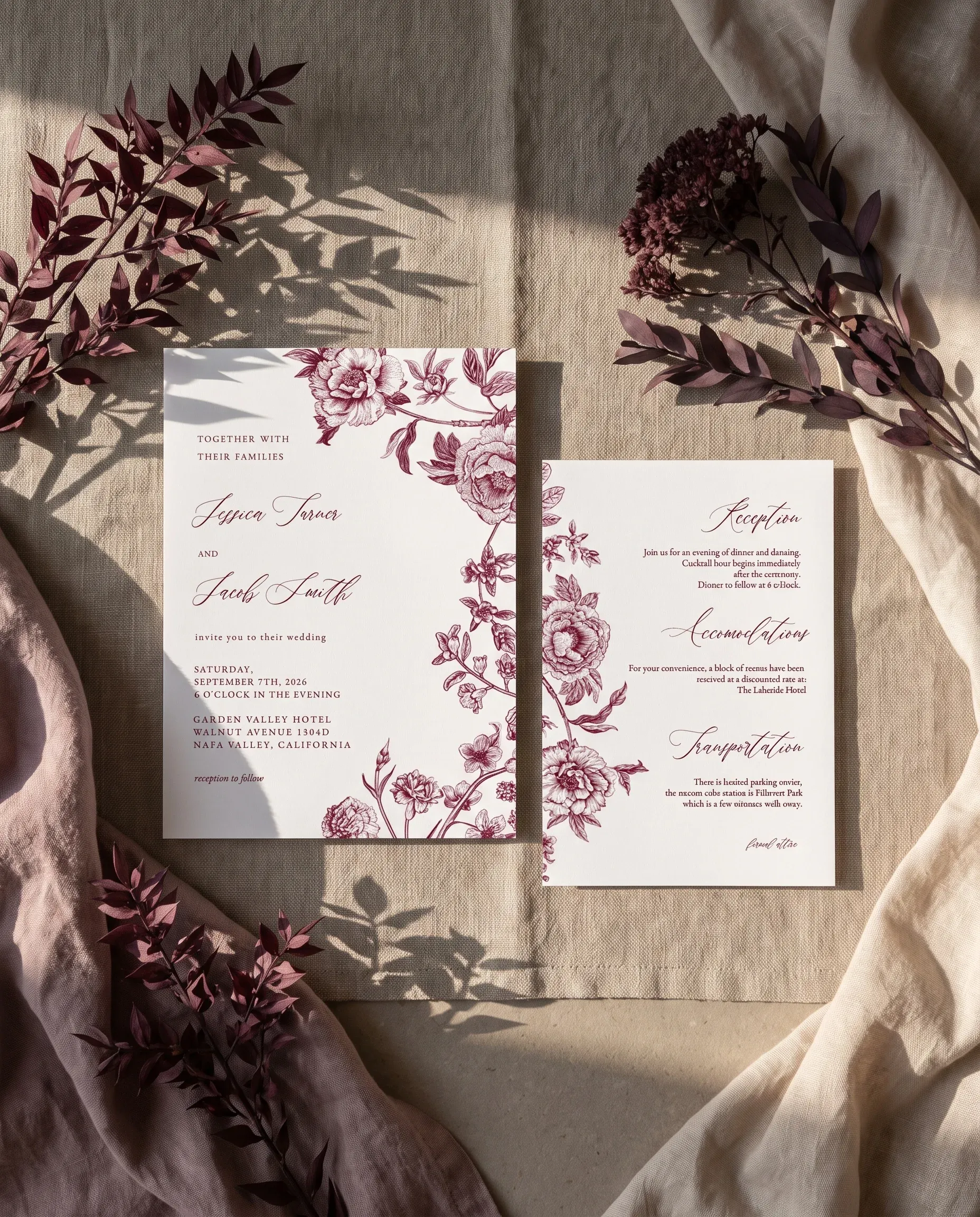Chantilly wedding invitation suite — invitation and details card shown in a flat lay, wedding details card.