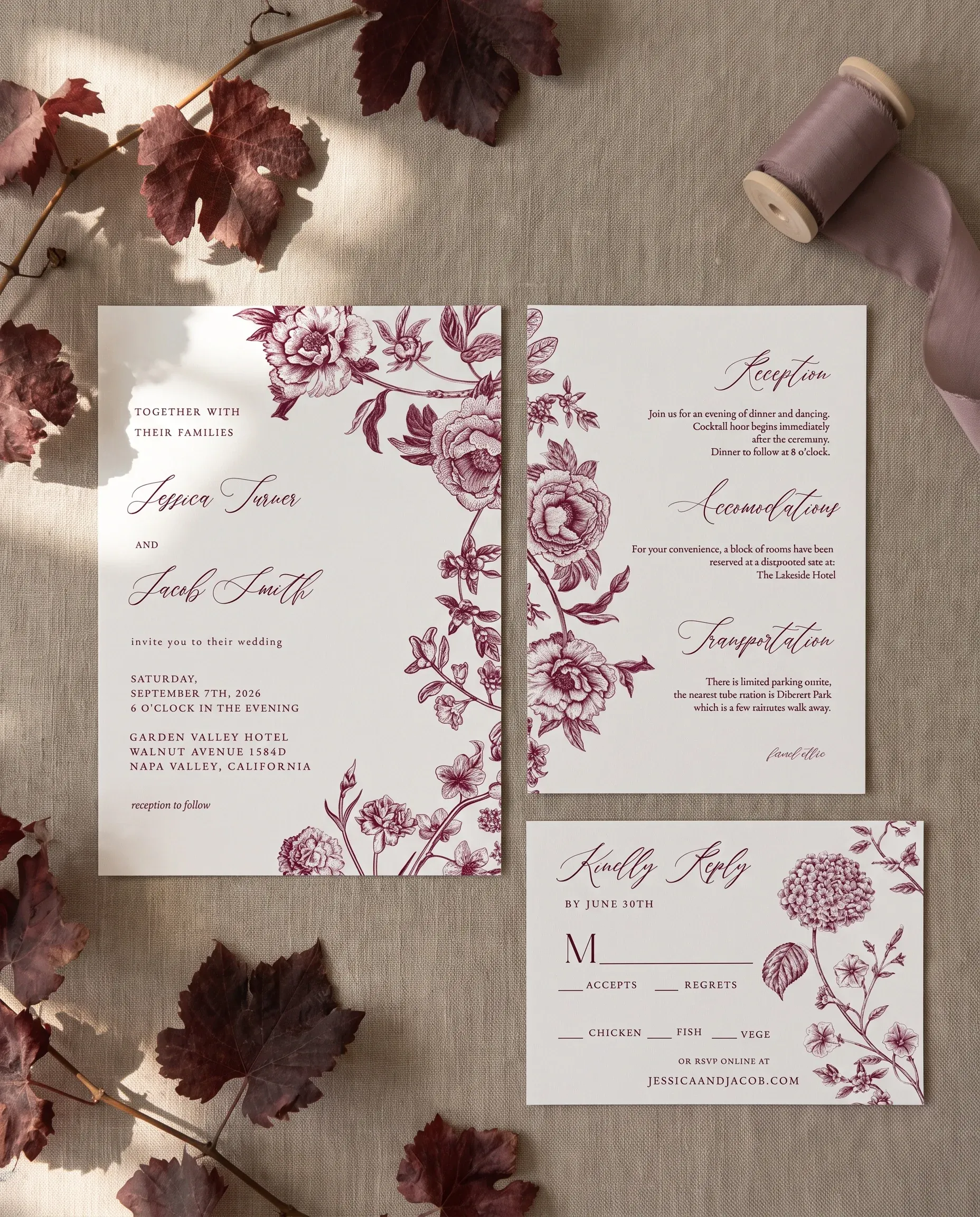 Chantilly wedding invitation suite — invitation, details card and RSVP shown in a flat lay, wedding invitation templates