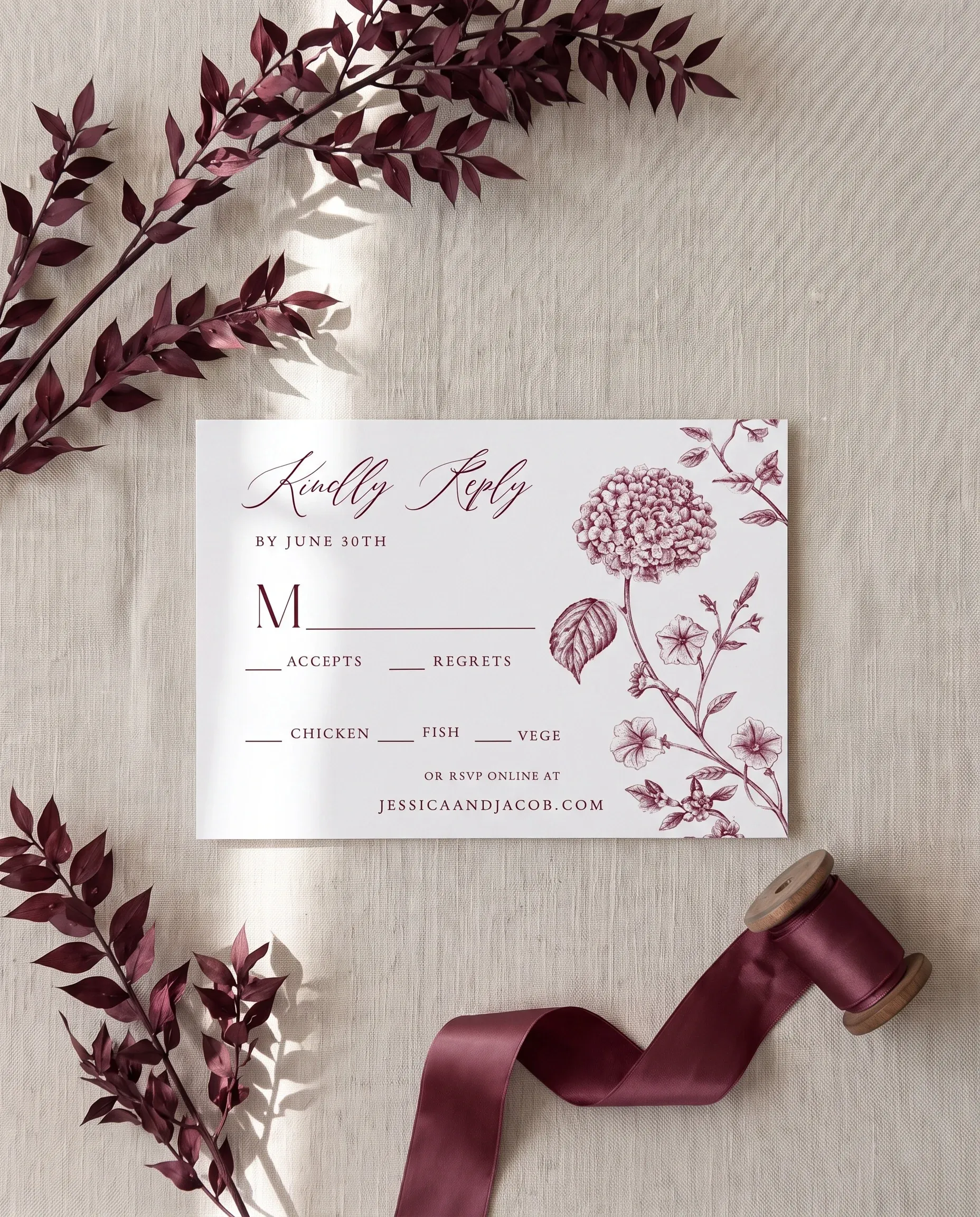 Chantilly wedding invitation suite — RSVP card shown in a flat lay, photographed under soft natural light with a slight overhead angle, wedding RSVP cards.