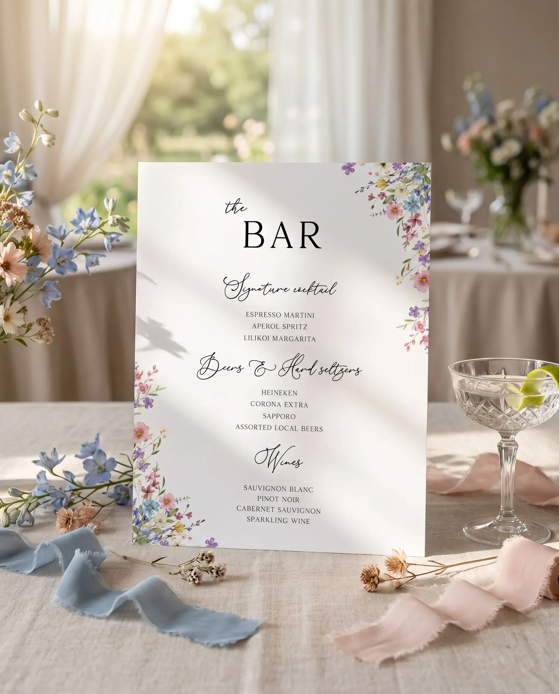 Meadowlark — bar menu page displayed upright in a styled setting under soft natural light, slight overhead angle, wedding bar sign.