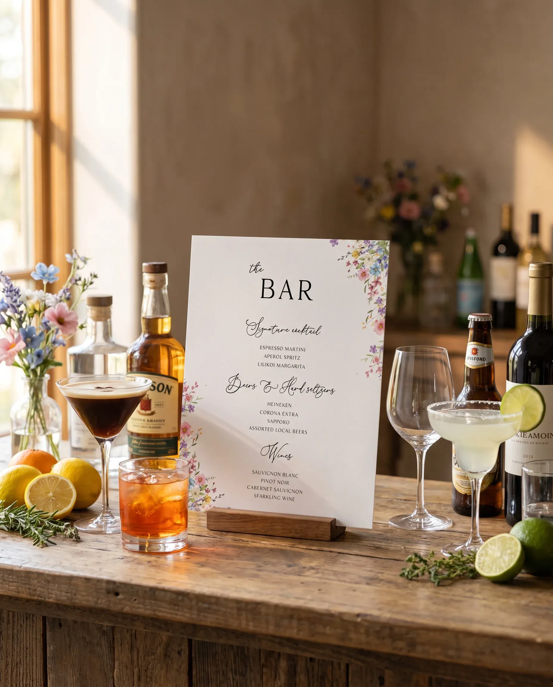 Meadowlark — bar menu page displayed on a drinks station under soft natural light at a slight overhead angle, bar menu template