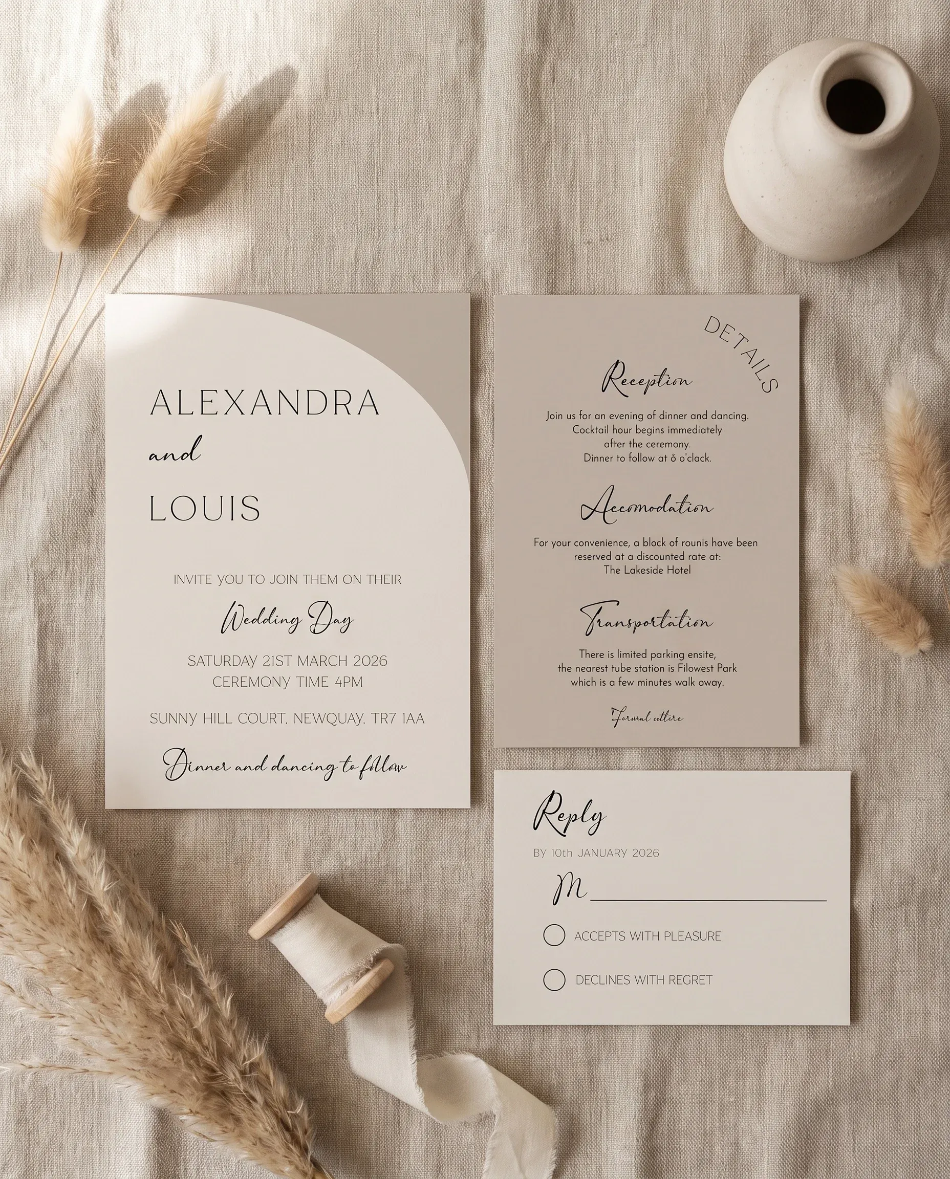 Tassel Arc wedding invitation suite — invitation, details card and RSVP shown in a flat lay, wedding invitation templates.