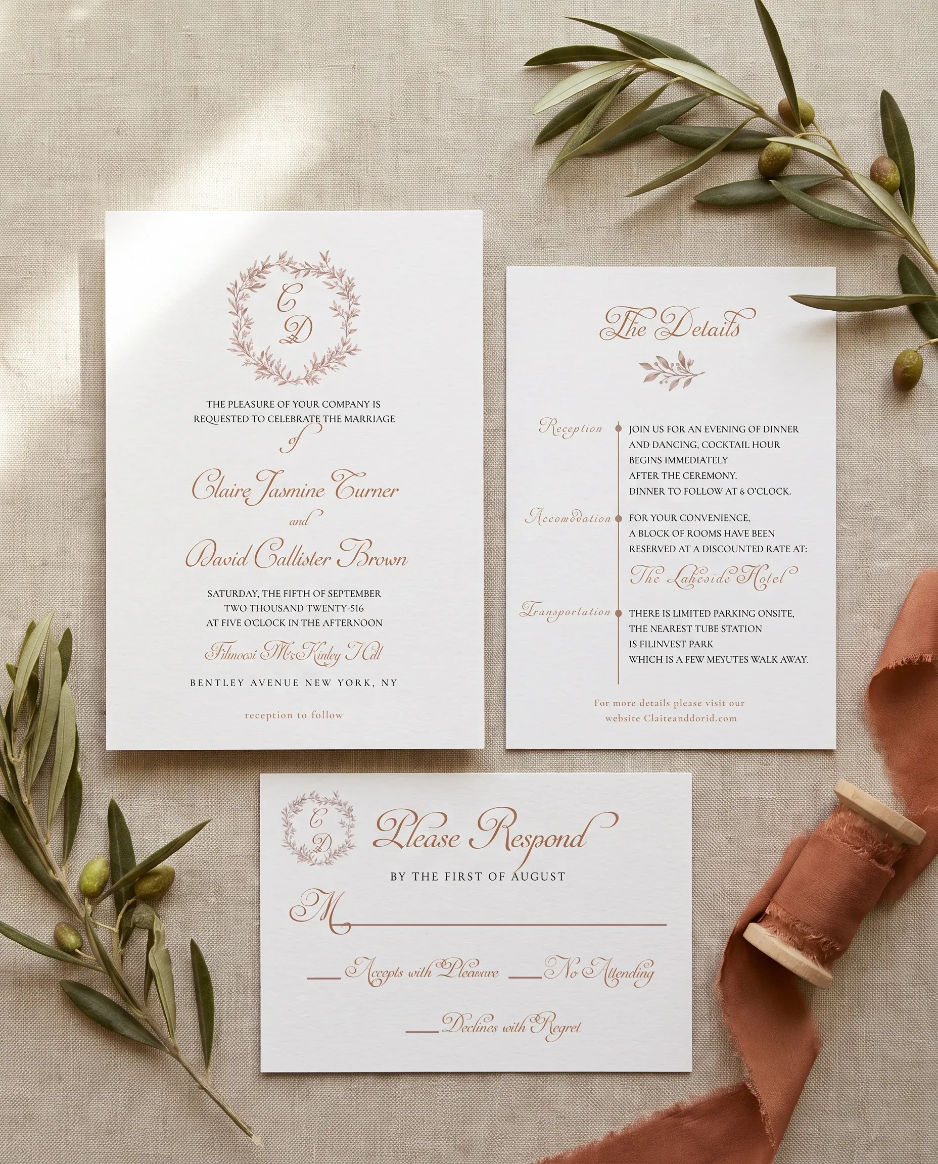 Sepia Sprig wedding invitation suite — invitation, details card and RSVP shown in a flat lay, under soft natural light, wedding invitation templates.