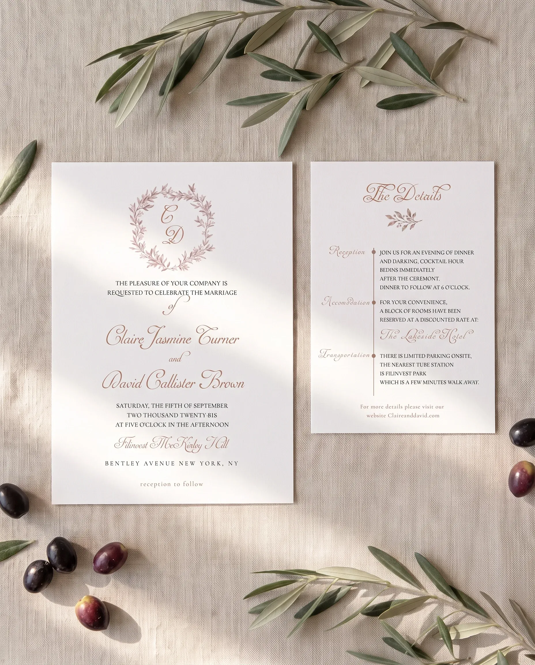 Sepia Sprig wedding invitation suite — invitation and details card shown in a flat lay under soft natural light, wedding details card.