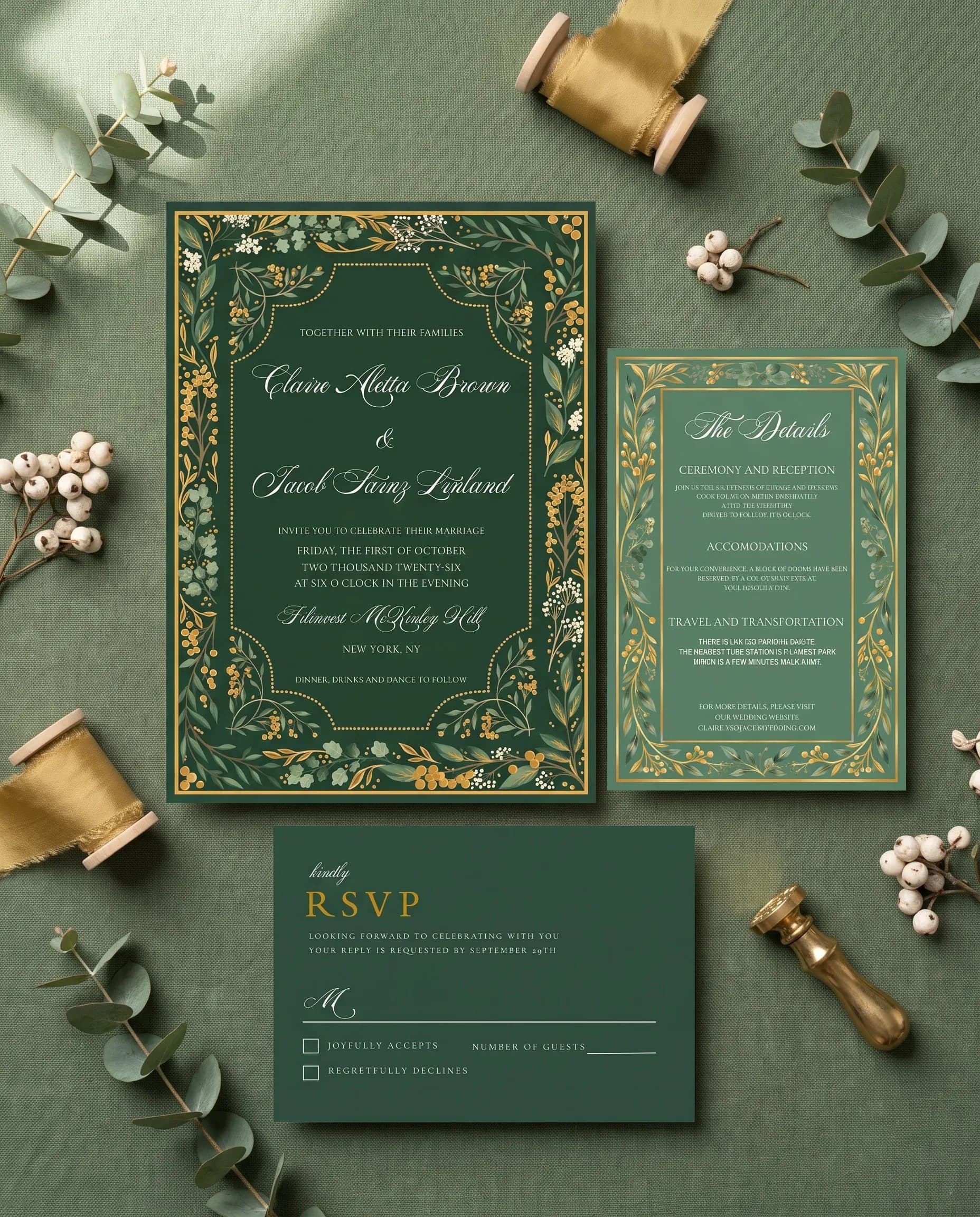 Gilded Foliage wedding invitation set — Invitation, details card and RSVP card shown in a flat lay, printable wedding invitations