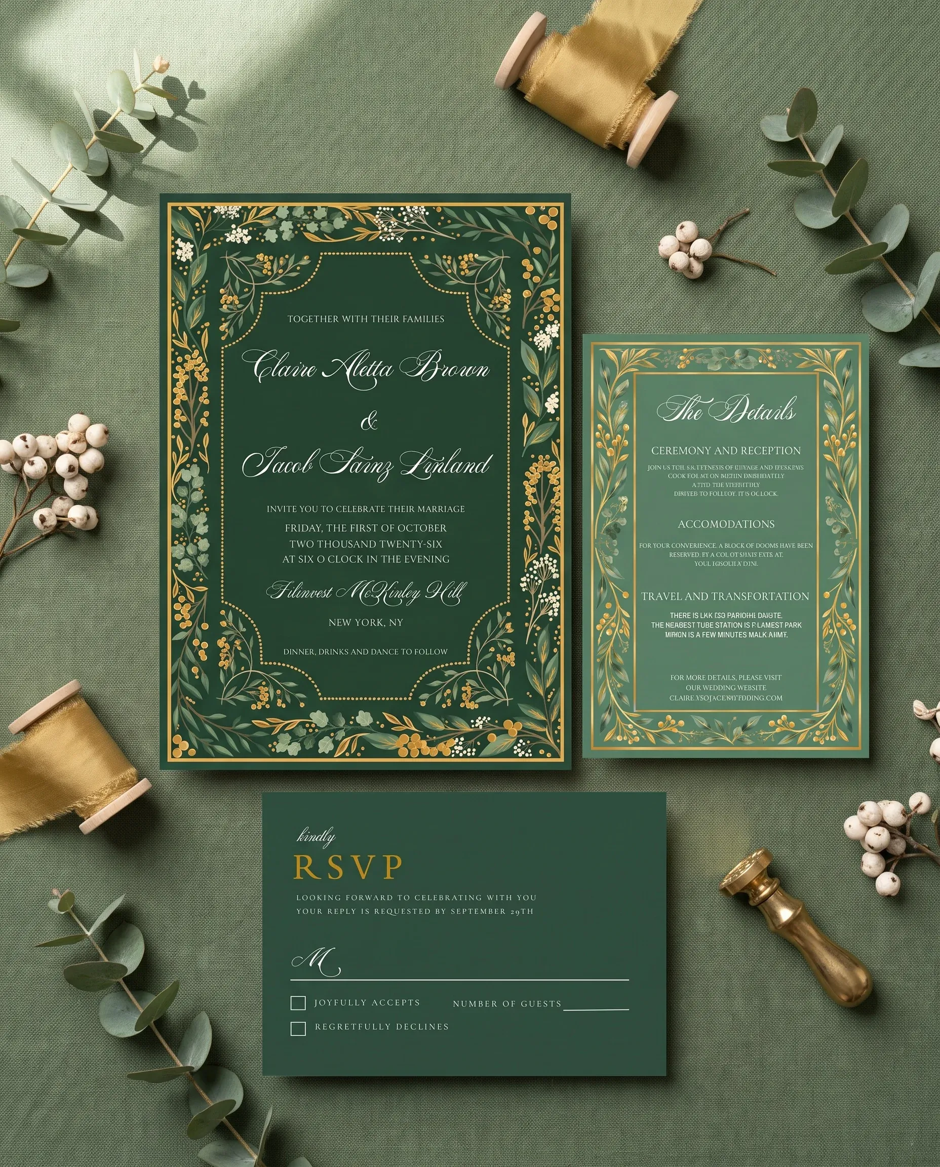 Gilded Foliage wedding invitation set — Invitation, details card and RSVP card shown in a flat lay, printable wedding invitations