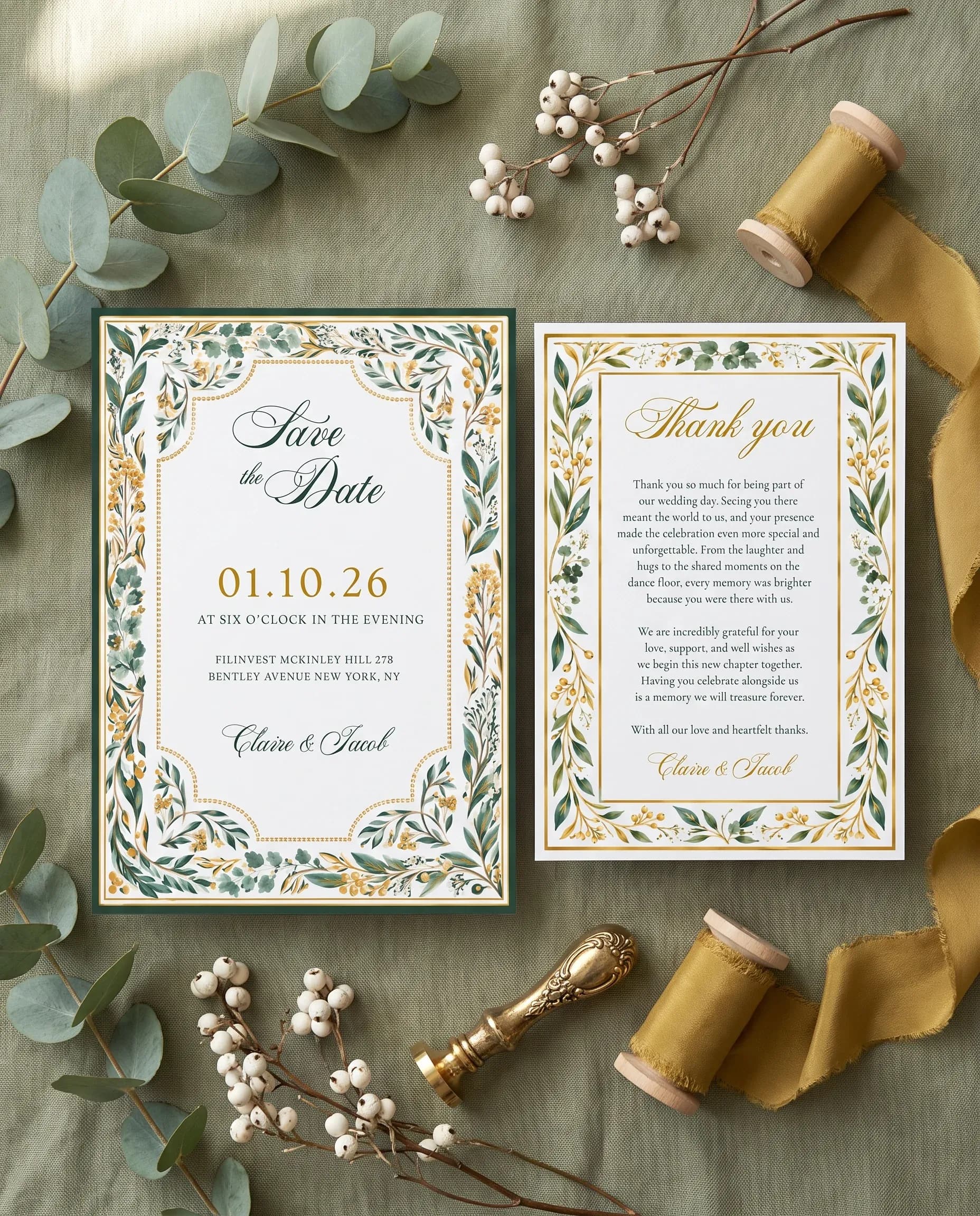 Gilded Foliage wedding invitation set — Save the date and thank you card shown in a flat lay, wedding invitation templates