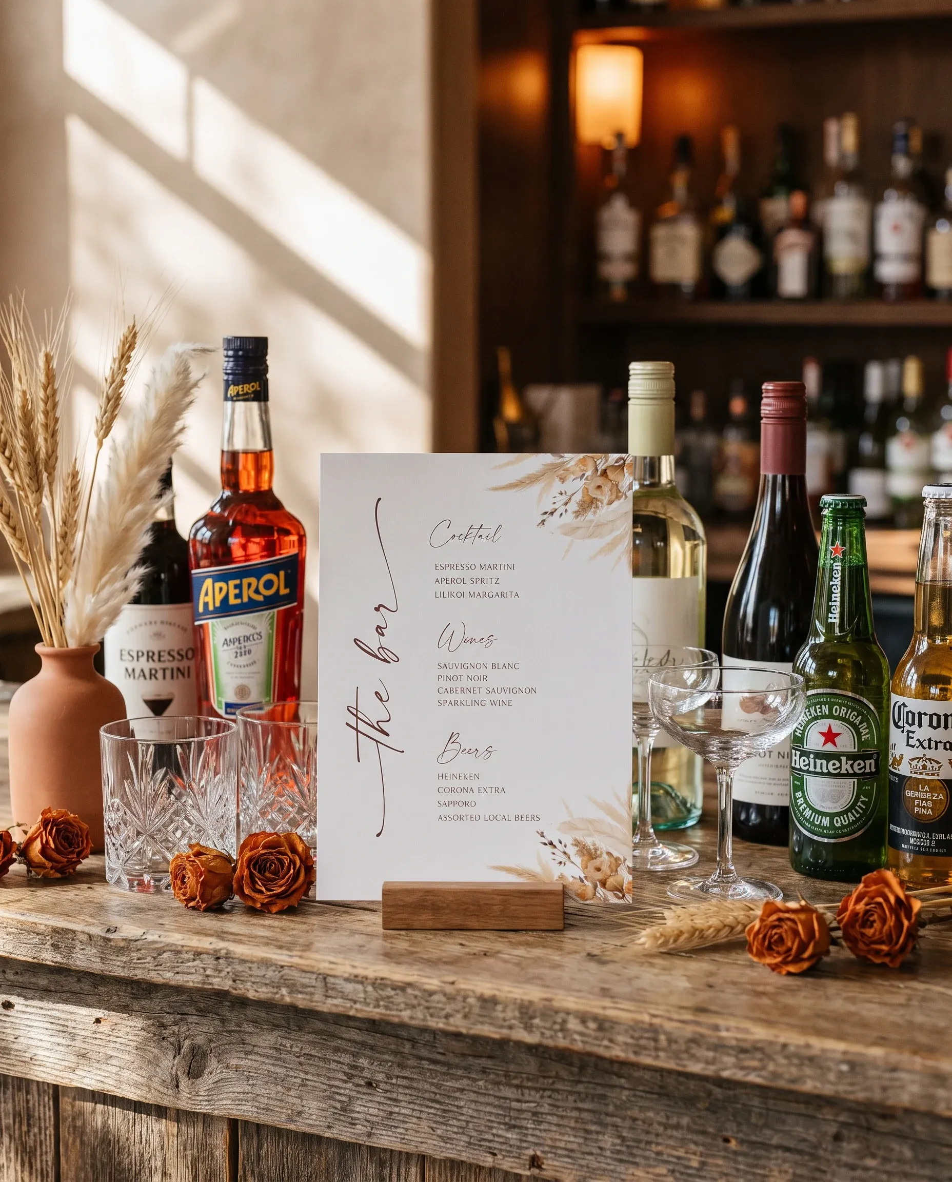 Harvest Script — bar menu page resting on a drinks station under soft natural light, slight overhead angle, bar menu template.