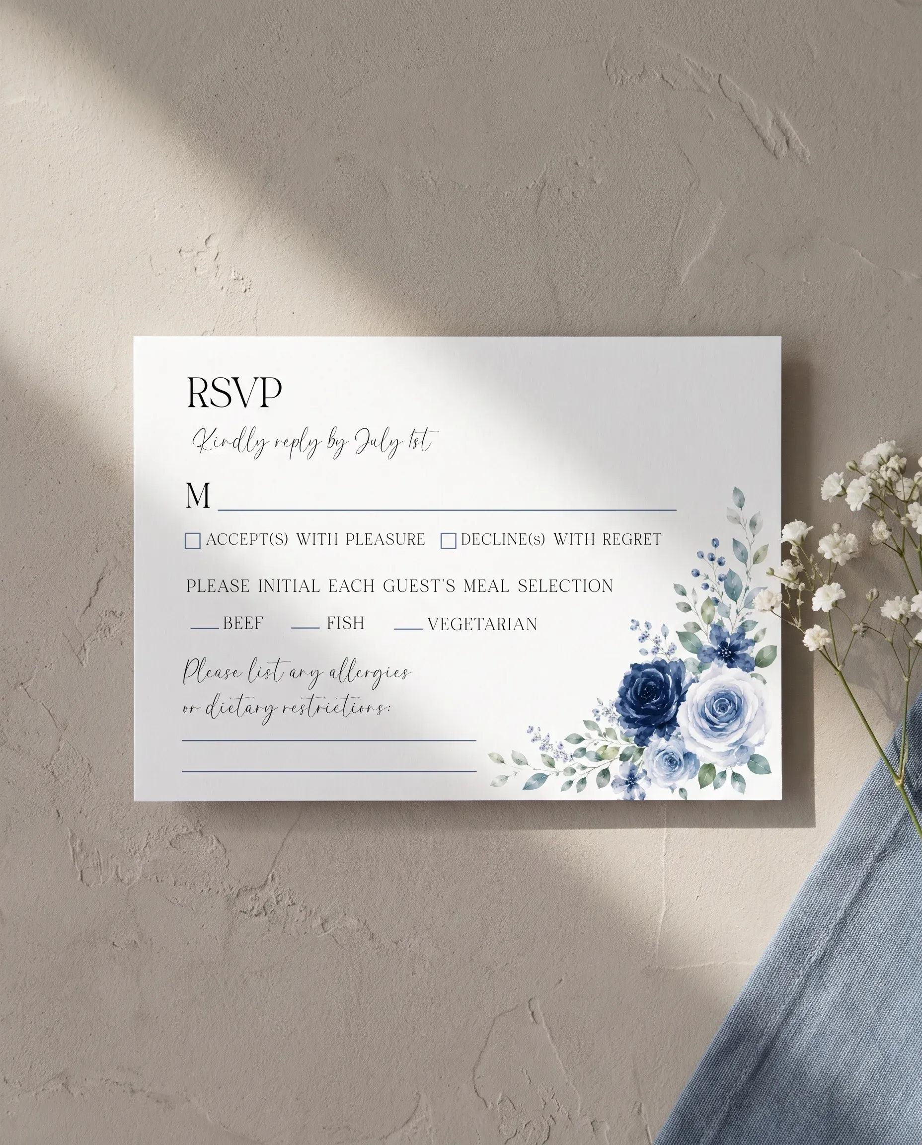 Bluebloom wedding invitation suite — RSVP card shown in a flat lay under soft overhead light, wedding RSVP cards.
