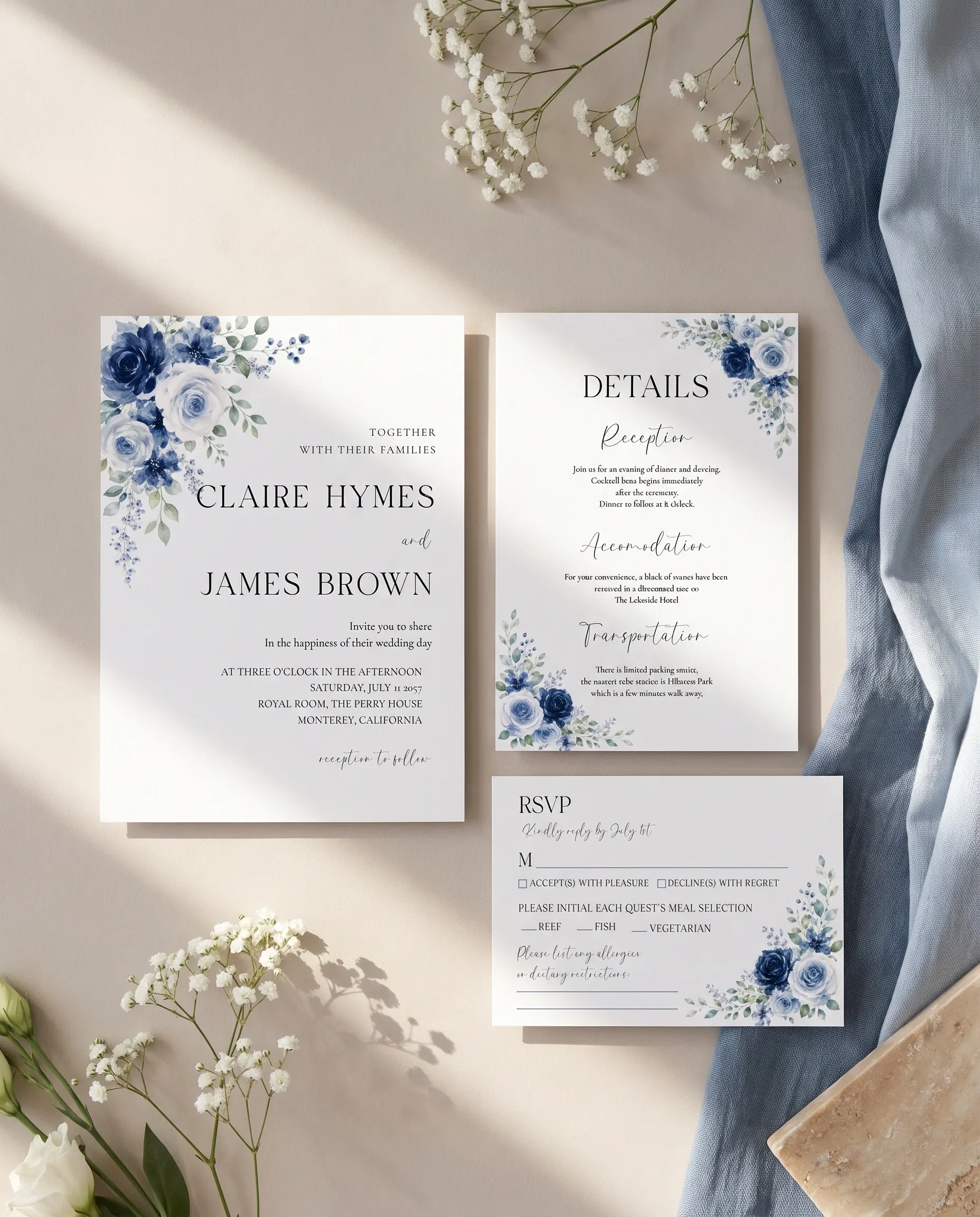 Bluebloom wedding invitation suite — invitation, details card and RSVP shown in a flat lay, wedding invitation templates