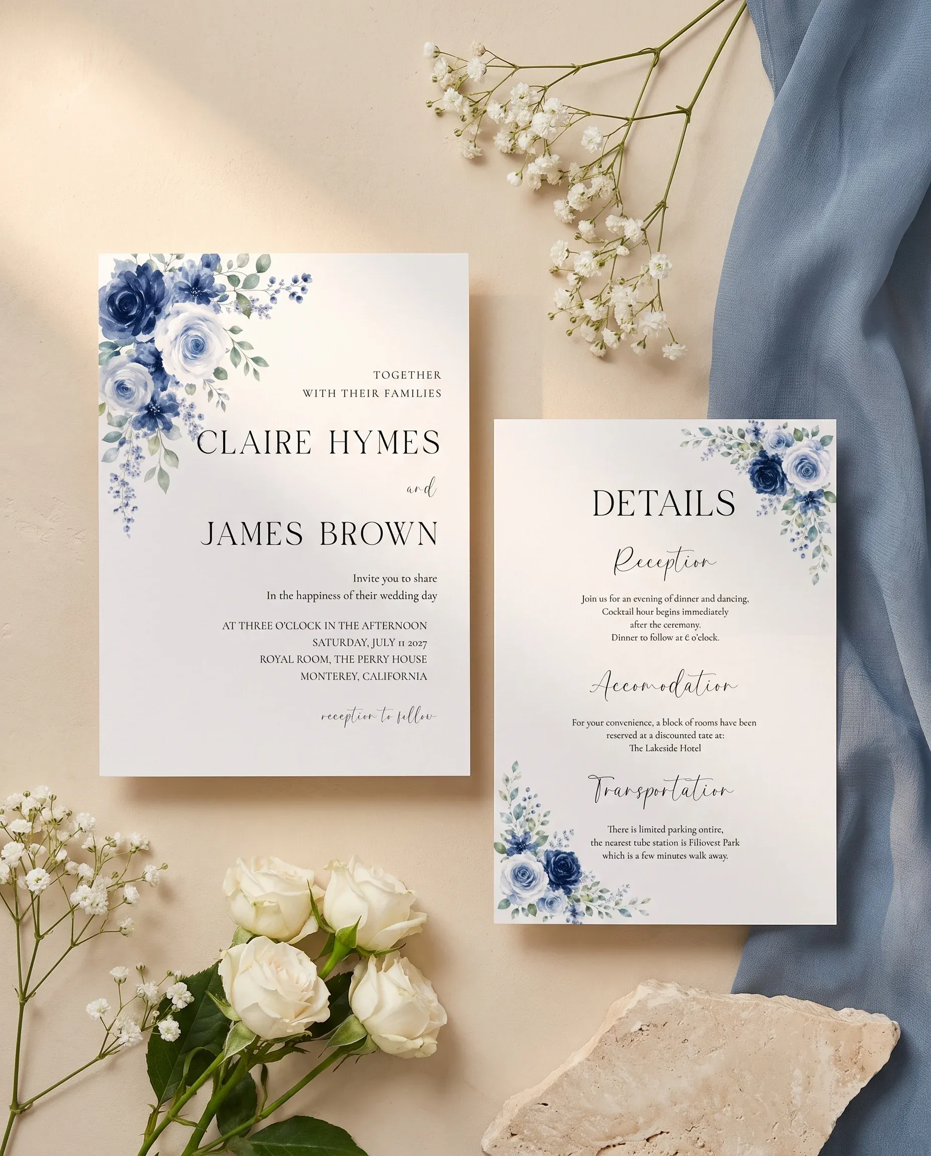 Bluebloom wedding invitation suite — invitation and details card shown in a flat lay under soft natural light, wedding details card.